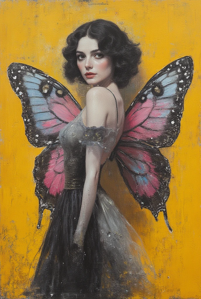 Beautiful bee lady with bee wings.Whimsical charcoal pinup bee."