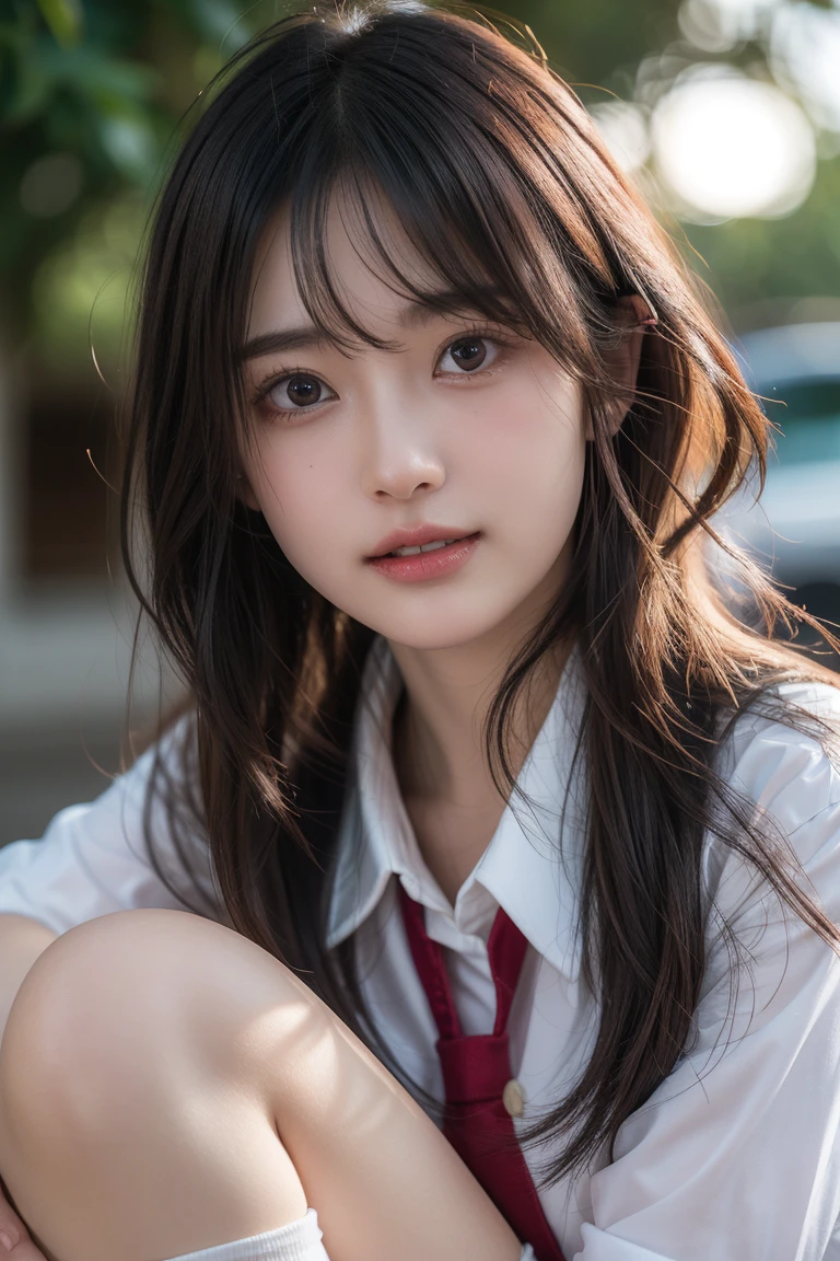 (1girl:1.3), Masterpiece, Best quality, amazing beauty, 4K, absurdres, finely detail, super detailed eye, perfect anatomy, official art, cinematic lighting, BREAK, school, silky medium long hair, parted bang, black hair, super shiny detailed brown eyes, big eyes, facing this way, Looks like fun, BREAK , big breasts, slender, sitting, BREAK , (school uniform:1.2), BREAK,()