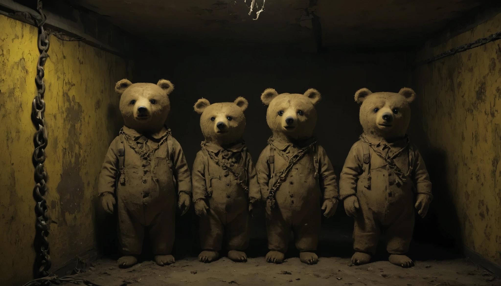 ((( Best Quality ))), (( Ultra Detailed )), ( Illustration ), (( Extremely Delicate and Beautiful)), 4 brown fabric bears with black button eyes, beige snout chained together from the waist, Only the metal belt on the waist comes out from there the chain that connects the other bears with their respective metal belts,  (thick metal belt with chain), (background: such as worn, single-color yellow wallpaper, old, damp carpet, and inconsistently placed fluorescent lights. Aside from these common features, no two rooms within the level are identical., Level 0 of the yellow backroom, which seems to radiate a strange warmth. exploration and discovery, ready to delve into a maze, in the vast labyrinth of level 0 backrooms ,,,)