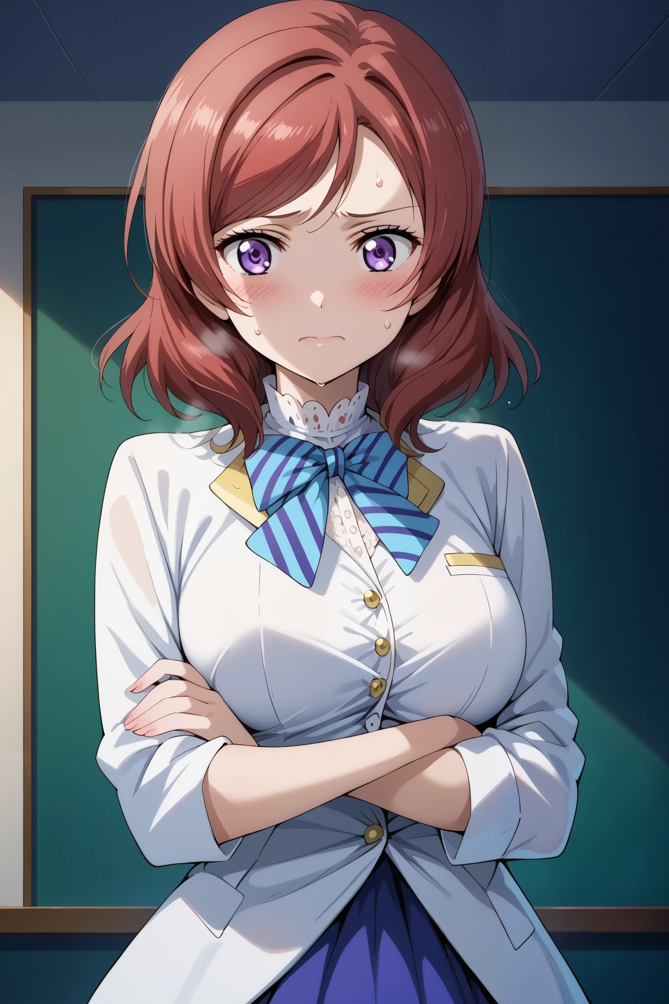 score_9, score_8_up, score_7_up, source_anime, 4K,perfect fingers,(perfect hands, perfect anatomy),prefect lighting, very aesthetic, intricate details,highly detailed background, masterpiece, high quality, best quality,
1girls,makinishikino, maki nishikino, short hair, purple eyes, red hair,((large breast)),
wearing ((elegant costume, )),,
((white plain background)), oily skin, (blush, embarrassed, orgasm : 1.2), sweating,