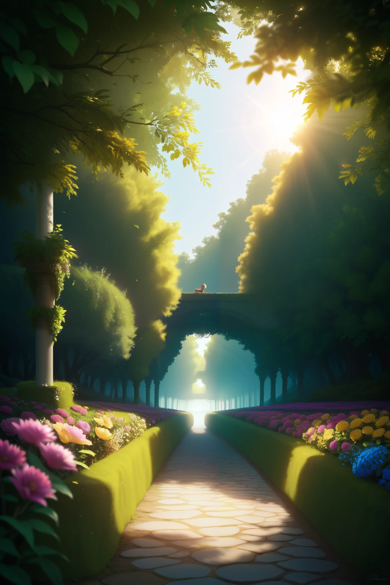 garden, gravel path, flowers, sunrise light, high quality, detailed, Fine details, warm colors, tonalismo , 