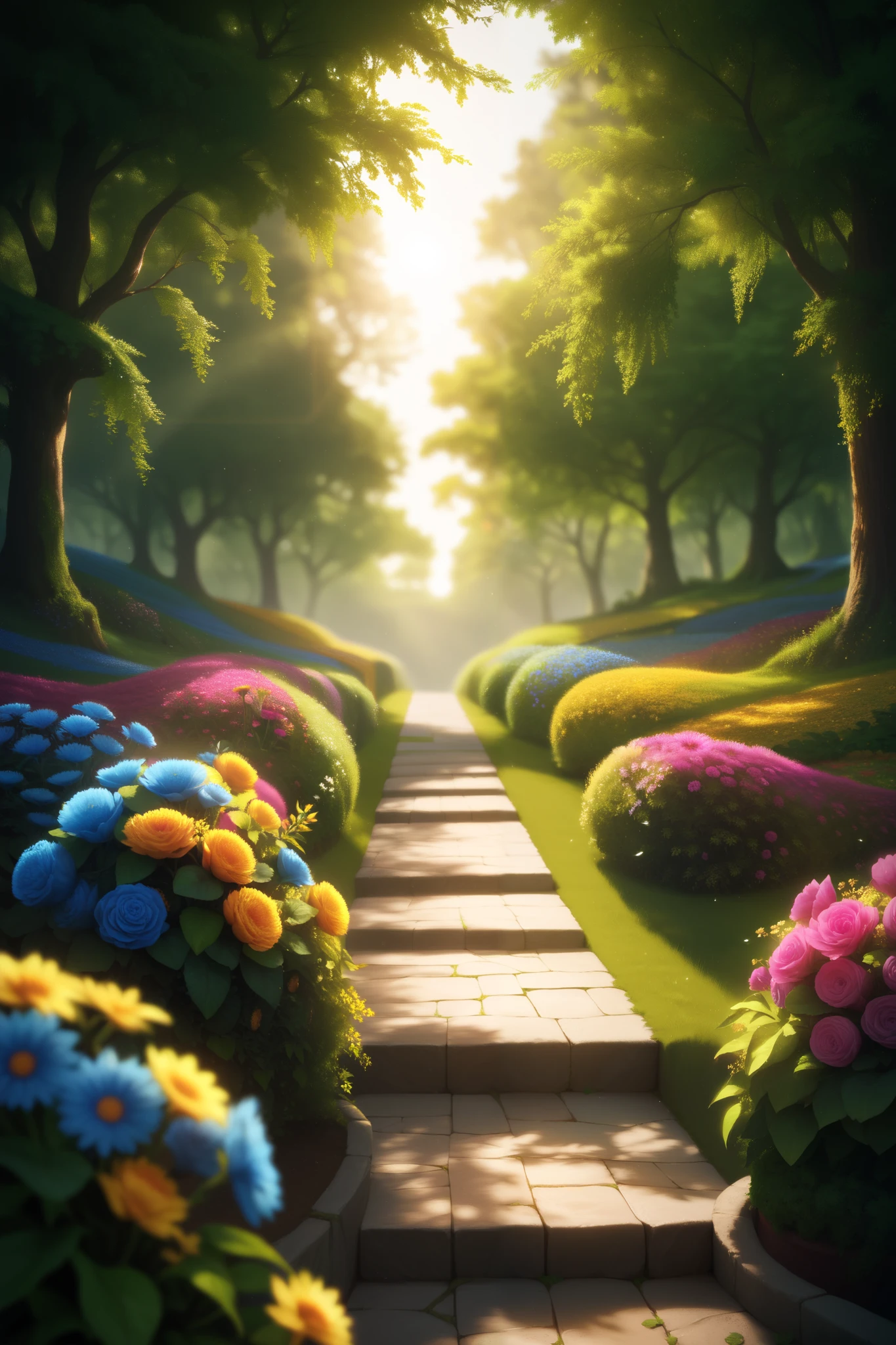garden, gravel path, flowers, sunrise light, high quality, detailed, Fine details, warm colors, tonalismo , 