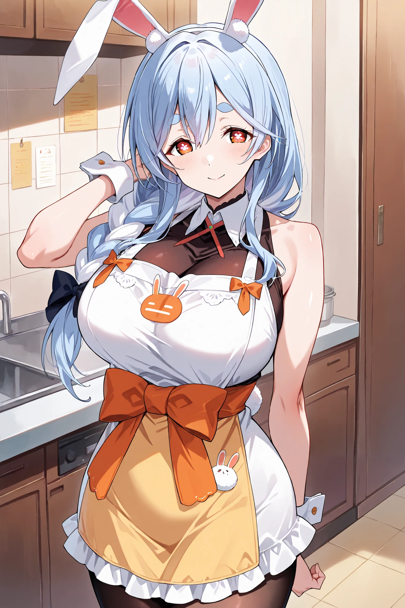 score_9, score_8_up, score_7_up, No posts, source_anime, 1 girl, mature woman, Peko Mamadef , thick eyebrows, bunny-shaped pupils, Rabbit Ears, animal ear hair, apron, dress, Sleeveless, bow