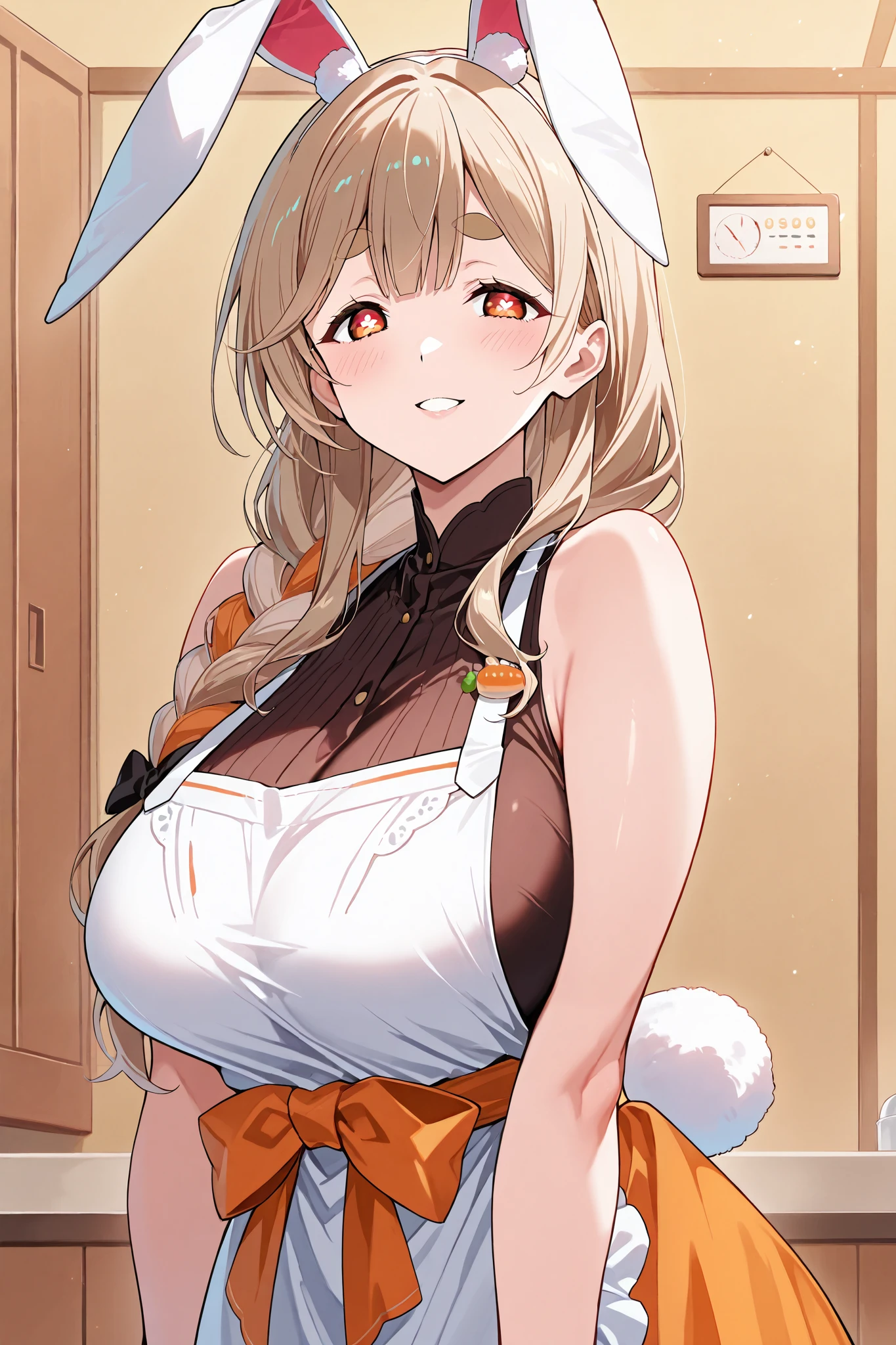 score_9, score_8_up, score_7_up, No posts, source_anime, 1 girl, mature woman, Peko Mamadef , thick eyebrows, bunny-shaped pupils, Rabbit Ears, animal ear hair, apron, dress, Sleeveless, bow