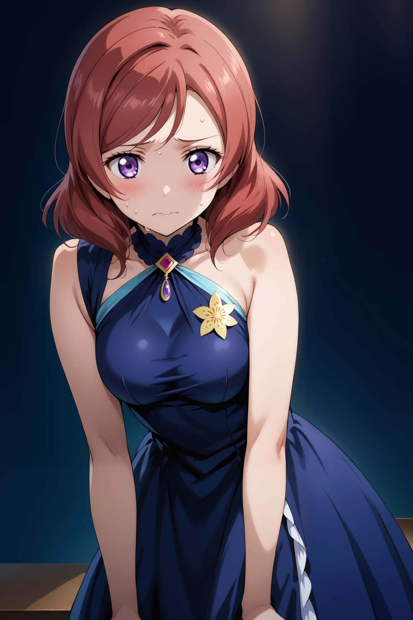 score_9, score_8_up, score_7_up, source_anime, 4K,perfect fingers,(perfect hands, perfect anatomy),prefect lighting, very aesthetic, intricate details,highly detailed background, masterpiece, high quality, best quality, 
1girls,makinishikino, maki nishikino, short hair, purple eyes, red hair,((large breast)),
wearing ((elegant costume,  dark blue dress, )),,
((white plain background)), oily skin, (blush, embarrassed, orgasm : 1.2), sweating,