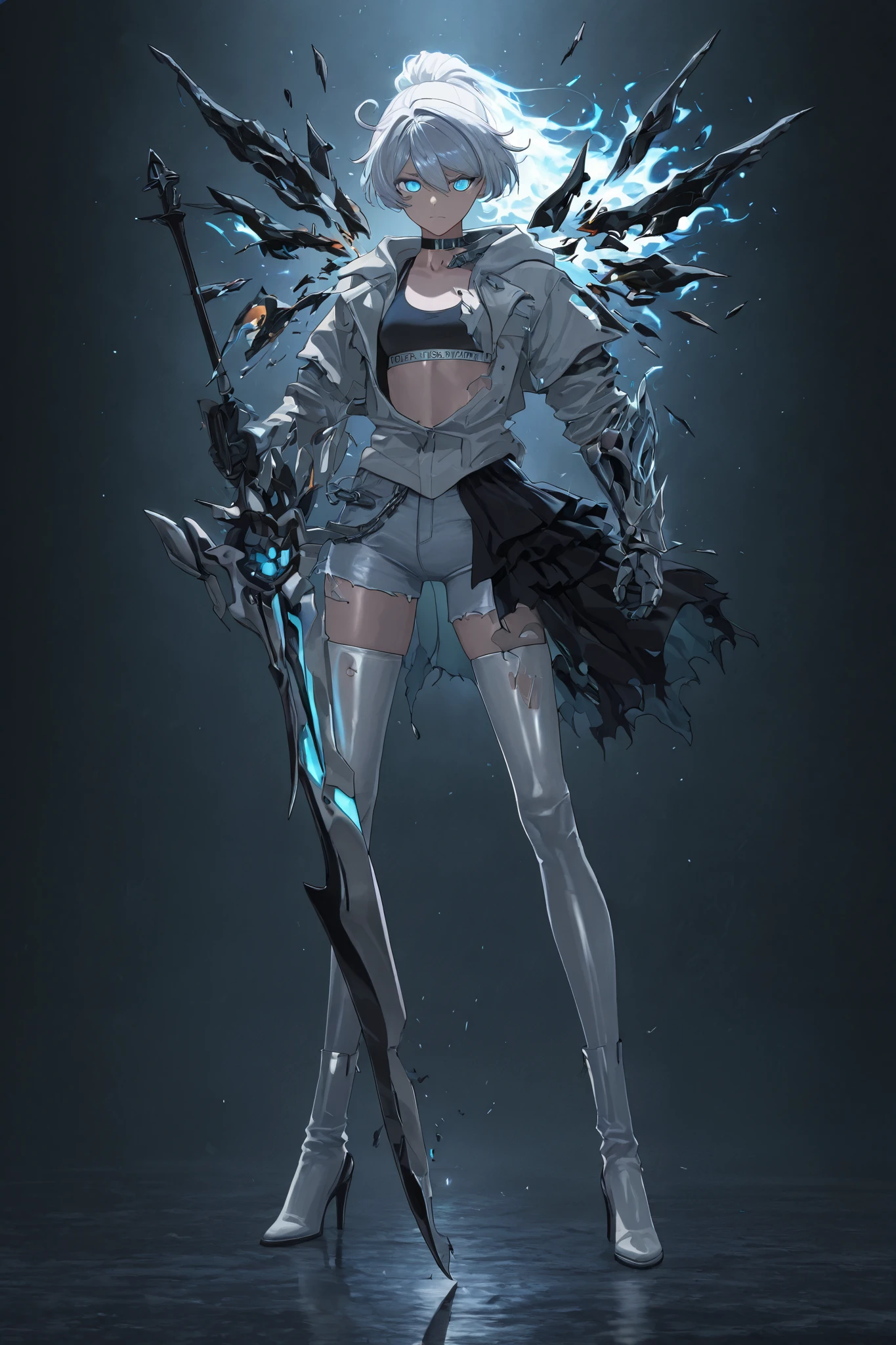 Anime illustration, detailed anime artstyle, cinematic, backlighting, backlit, cold light, colorful, light reflection, solo, 1girl, asymmetrical armor, detailed skin, extremely detailed eyes, dynamic pose, Kiana, pure shining white hair, [long hair, high ponytail|(black flames, burning hair:1.2):0.4], kiana kaslana, flat chest blue eyes, bright eyes, glowing eyes, ringed eyes, HoF_Def, white denim jacket,  (broken clothes, clothes break:1.2), t3chwear, [shredded cape, broken cape|burning wings], [blue liquid flames, wielding a greatsword|(swordstaff, glaive, black flames, black napalm:1.2):0.5], sports bra, cloak, d4rkr34p3r, [armor:pauldrons, hood], choker, gauntlets, [chain:thighhighs], half-skirt, high heel boots, closed mouth, serious expression