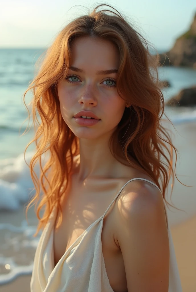 Ultra realistic photo portrait of a young red-haired woman with wavy hair, sitting on sand on the beach, big breast, 1girl in, age19, Solo, Aesthetic artwork, Celtic features, soft porcelain skin, subtle freckles scattered across her nose and cheeks, bright green eyes, slight smile, artistic lighting, dynamic composition, 4k resolution, hyper detailed, cinematic quality, ethereal aura, professional studio photography, soft natural light, captured at golden hour, masterpiece, no makeup, meticulously detailed, highly detailed, award-winning photography, medium shot with full hair visible, slightly blurred background with a hint of nature or soft bokeh, blur background