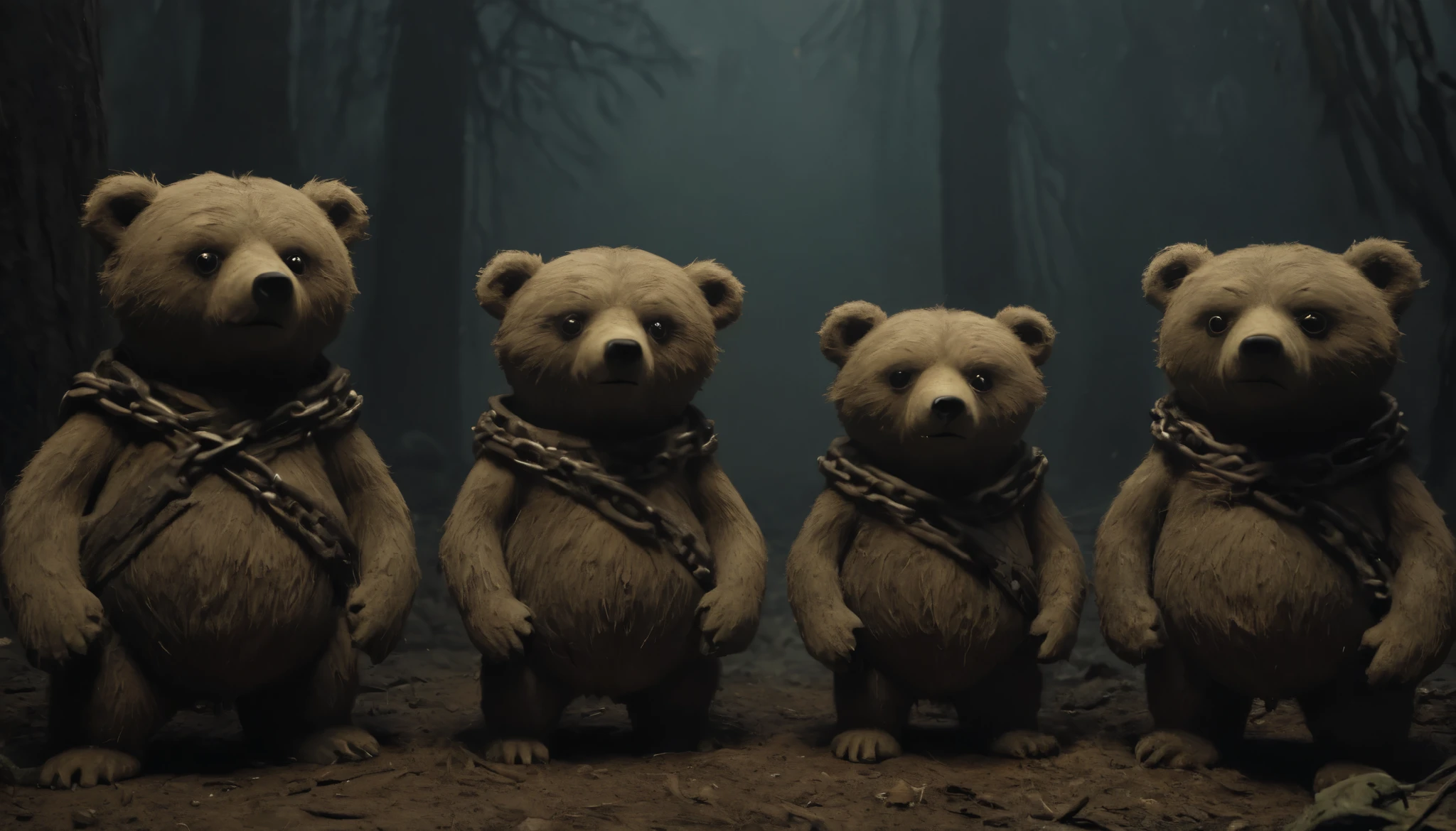 ((( Best Quality ))), (( Ultra Detailed )), ( Illustration ),, anime style, cartoon, 4 brown fabric bears with black button eyes, beige snout , The bears have a sad expression, ((chained together from the belts)), ((Only the metal belt on the waist comes out from there the chain that connects the other bears with their respective metal belts)), (thick metal belt with chain), (background: In a dark forest, shadows of people are seen with torches in the background ,,,)