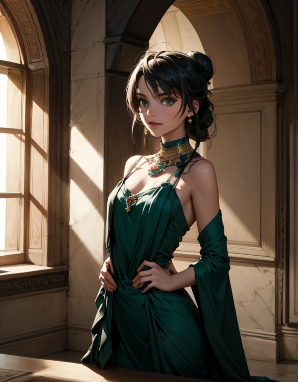 female with green eyes, black hair tied to a bun, strapless midi dress, red scarf around her neck, flowy arm sleeves