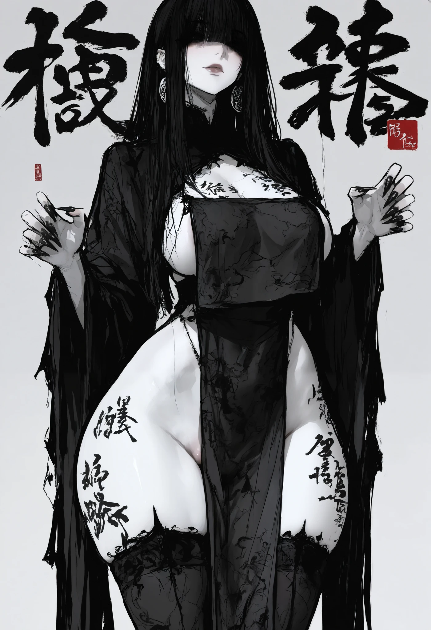 1 girl,Sexy slut,pelvic curtain,without panties,long black pointed nails,face,malice,Chinese letters all over the body,wide hips