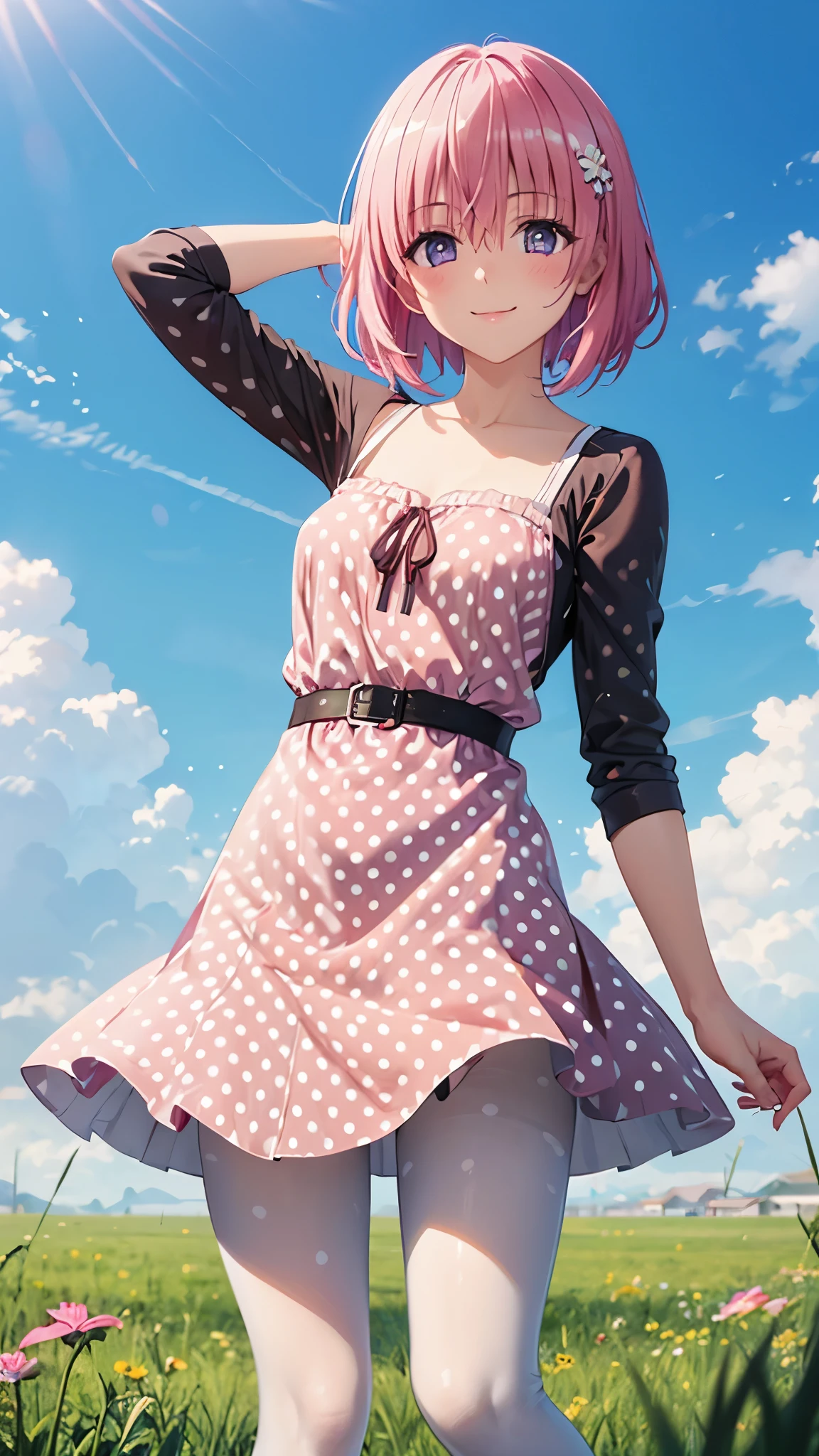 1 girl, Momo Belia Deviluke, pink hair, short bob hair, smile, BREAK, (white tights: 1.3), (Polka dot tights: 1.5), BREAK, casual mini dress, thighs, standing, (Hold hair back with hands), The wind is about to blow skirt up, In the wide grassland, blue sky, view from below, CG, unity, 8k, wallpaper, highest quality, masterpiece, complex pupils, complex textile, detailed background, best lighting, detailed eyes, detailed face