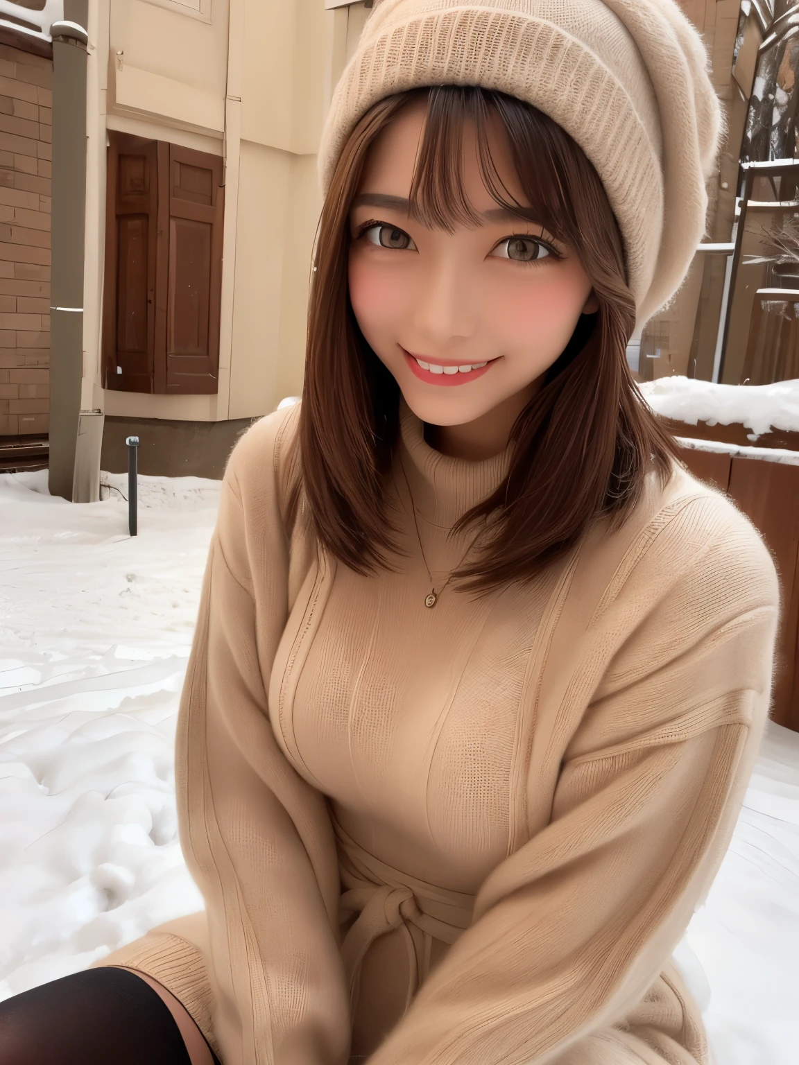 Midwinter outdoor,Snowy Outdoors 、long coat with fur, bimbo lips ,Knee High Boots, thigh high stockings , knitted sweater , knitted hat ,medium bust、earrings、
Highest quality, very well detailed, masterpiece, Absard Dress,8k, photorealistic, realistic,Detailed skin texture,Detailed Students,Hi-Res, natural light,
1 girl,alone,(happy:1.1),(smile:1.2),(Angular face:1.2), shiny face, thin waist, Lip Makeup,