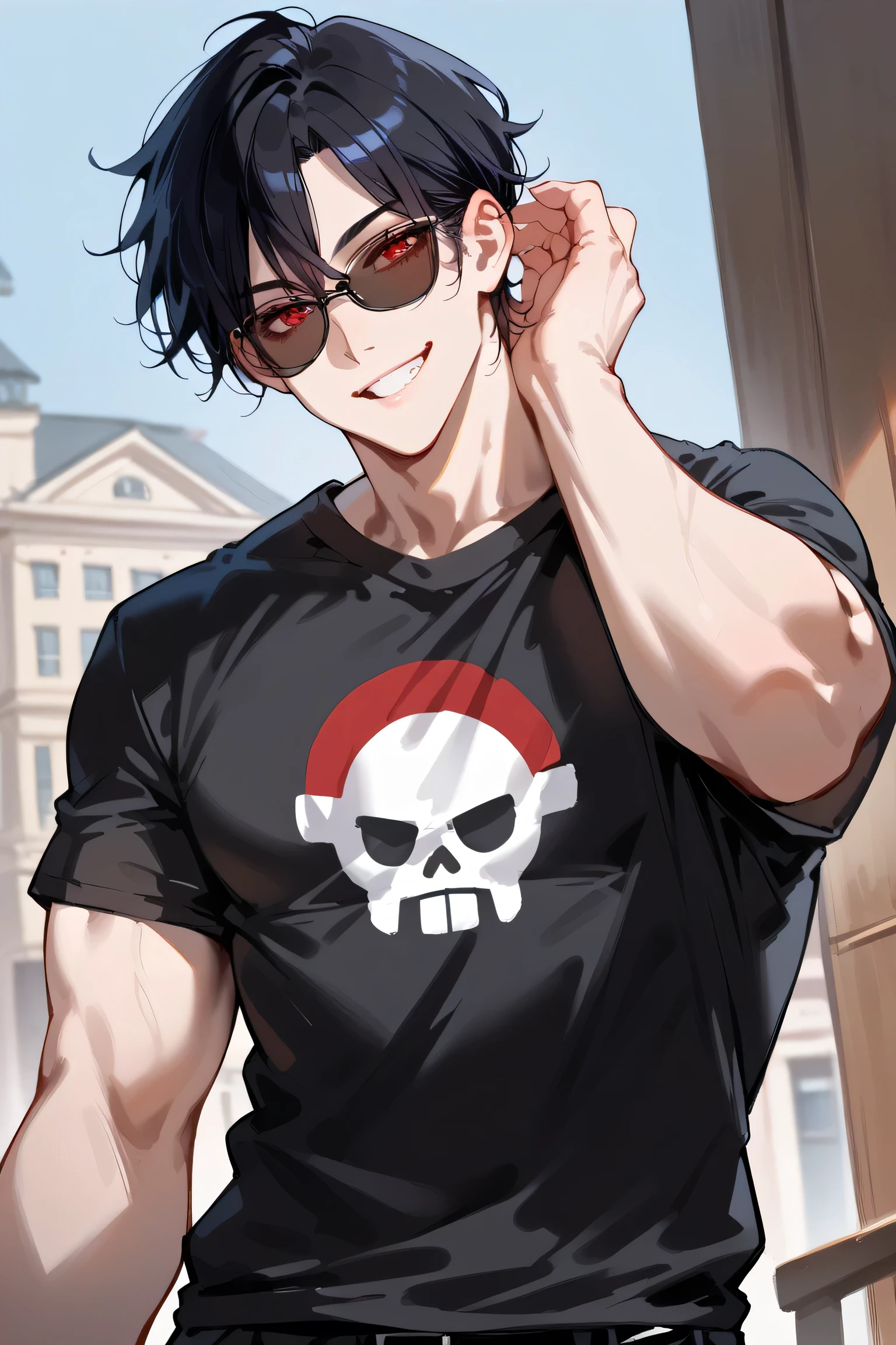((Masterpiece, super high resolution, highly detailed, 8k)), ((Sexy guy: 1.5)), about 20 years old, black hair, handsome, ((wears black t-shirt, short sleeves, smiles and looks seductively mischievous at the viewer: 1.2)), red eyes, toned body, sunglasses(mischievous smile)