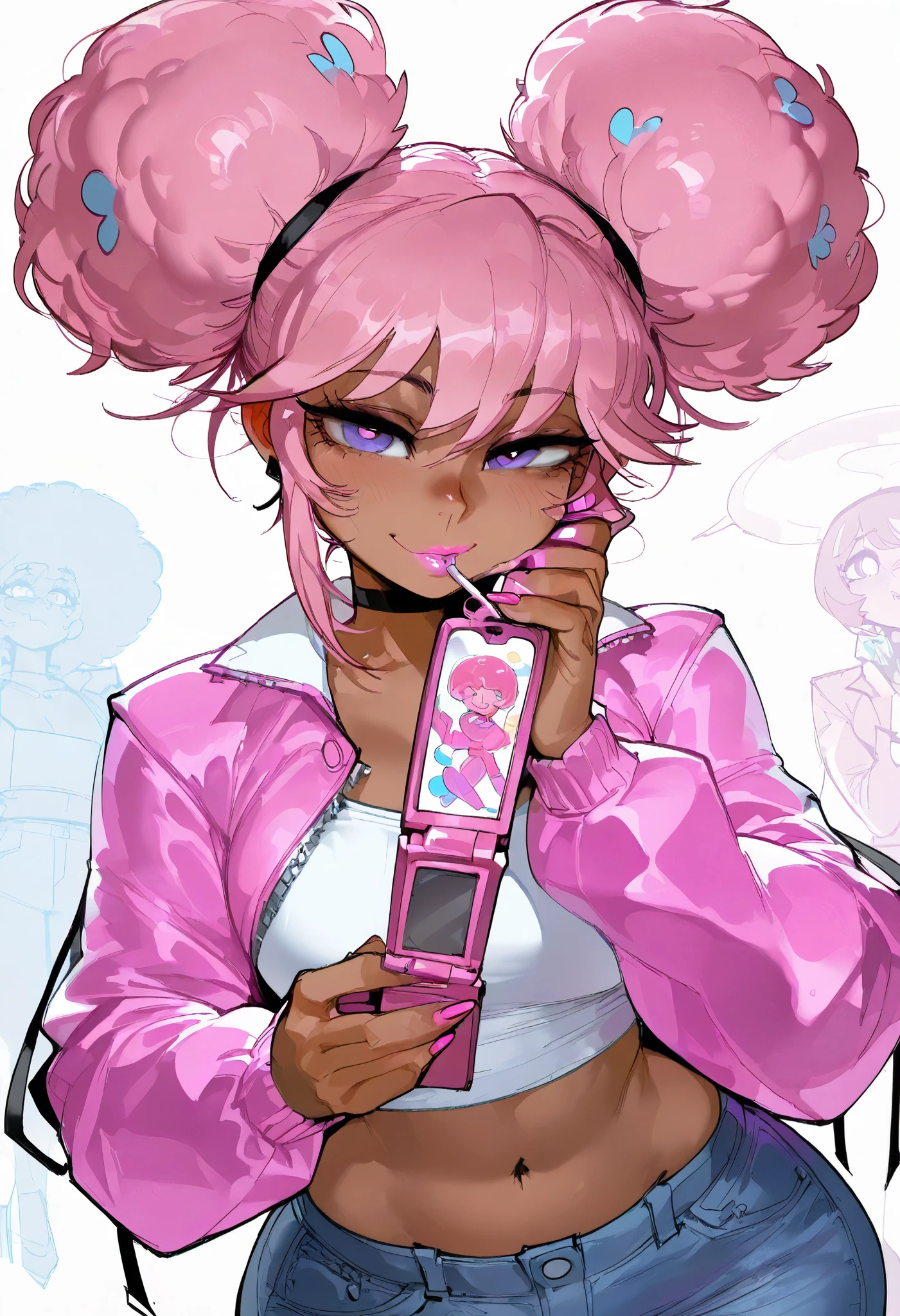 masterpiece, Pink Hair Girl,Fluffy hair, Wear headphones, City Pop Style, Futuristic,Retro, A light smile, Drinking cocktails at a jazz bar,Exact number of arms,Exact finger count,