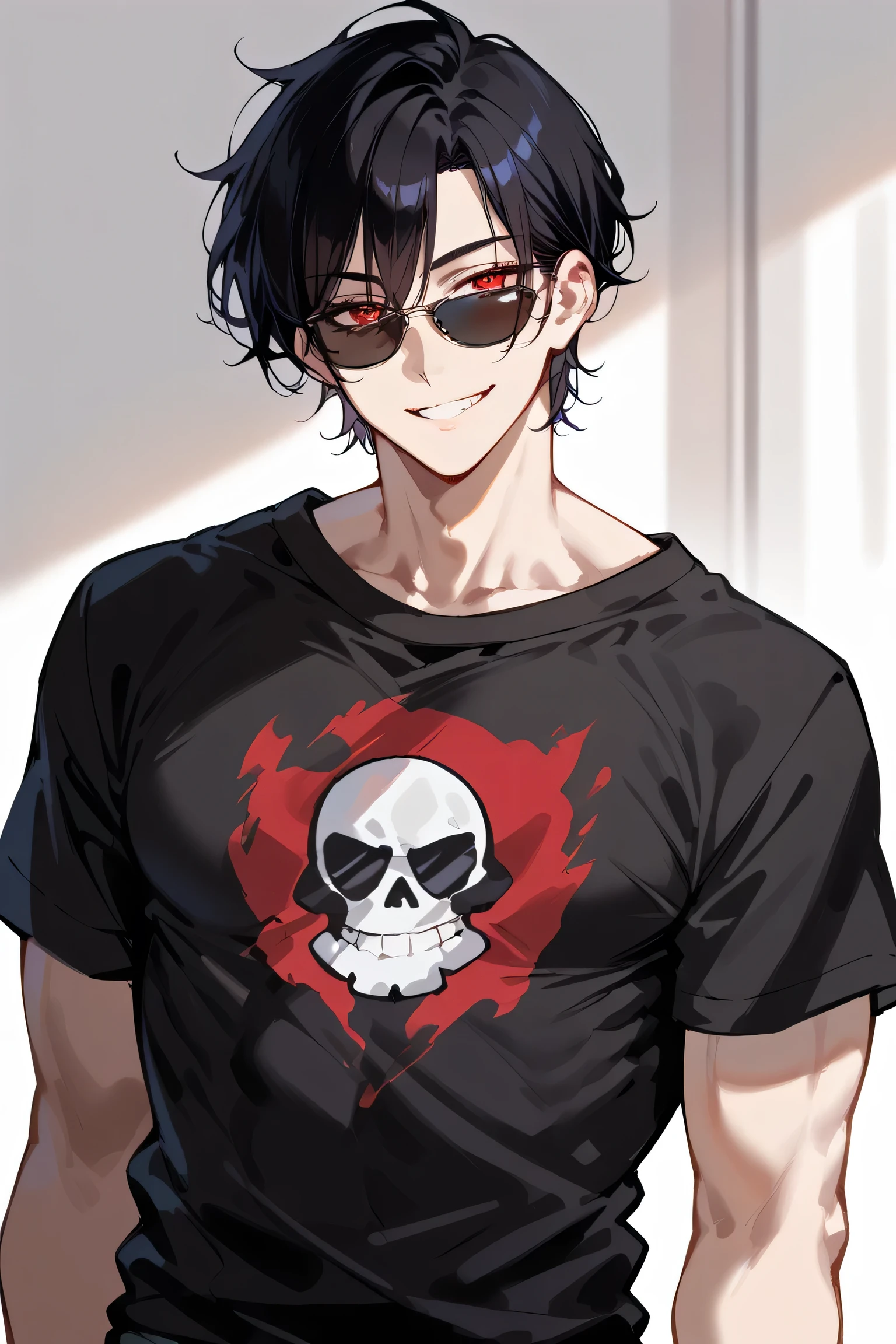 ((Masterpiece, super high resolution, highly detailed, 8k)), ((Sexy guy: 1.5)), about 20 years old, black hair, handsome, ((wears black t-shirt, short sleeves, smiles and looks seductively mischievous at the viewer: 1.2)), red eyes, toned body, sunglasses(mischievous smile)