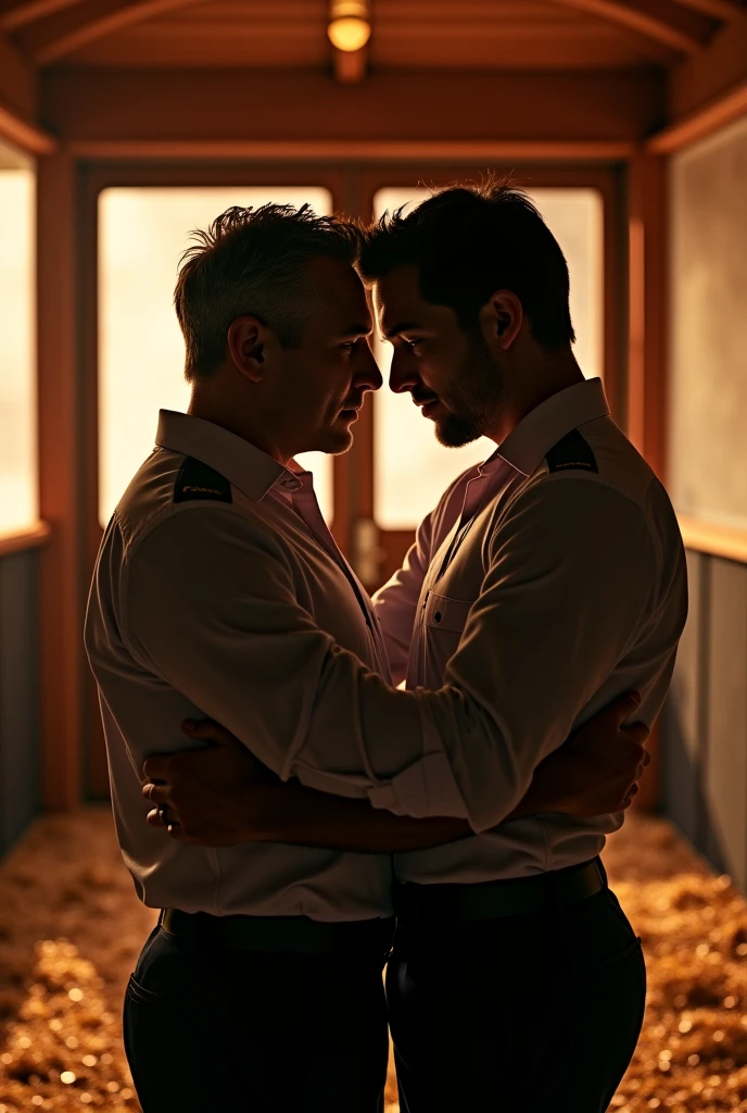 Create two sexy man characters with the following characteristics:
One man 54 years old, big chest with hair, strong legs, beard, wearing white suit for wedding
The second character is a man 43 years old, big and strong, beard, thick legs, and
wearing a white suit and jocks straps hugging another character who is her husband