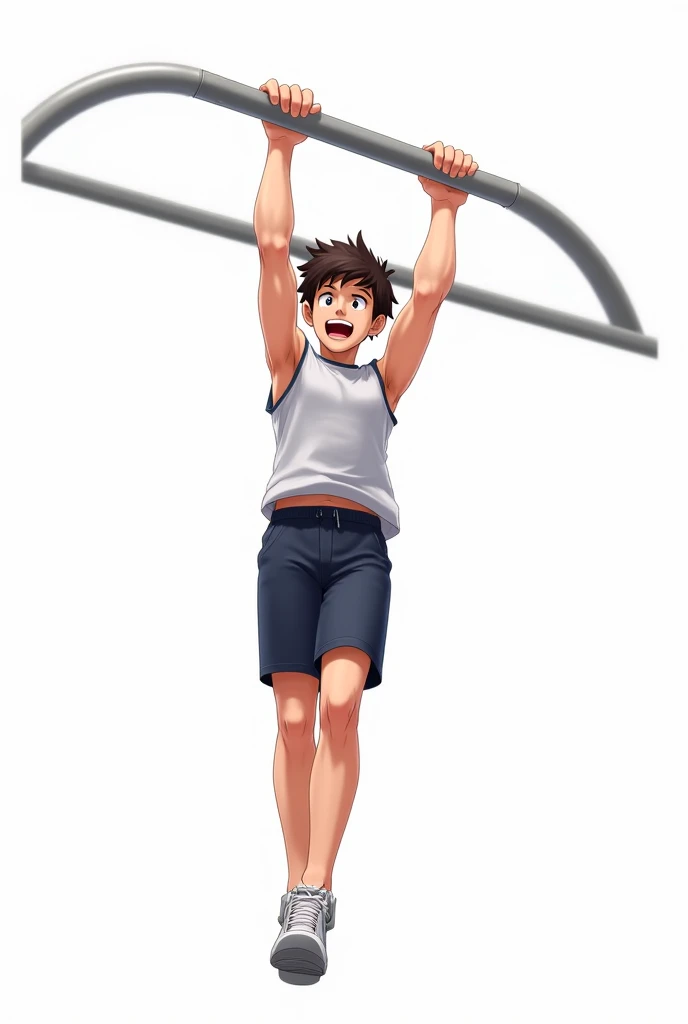 Strong Guy with BLACK Hair, Brown Eyes, Shirtless, Barefoot, Red Shorts, Standing, Gym background
