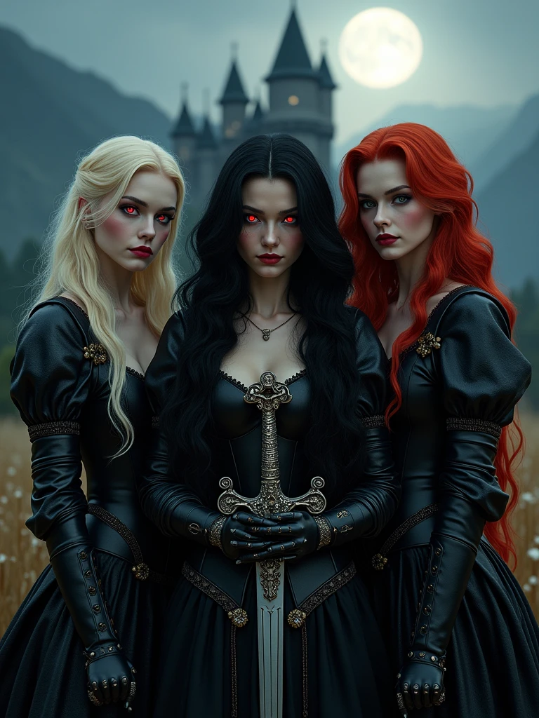 Raise three women together, who are princesses with an evil and dark appearance, one being a redhead, another brunette and one blonde