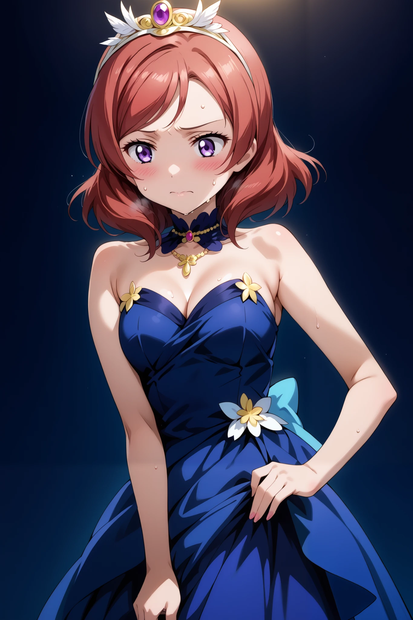 score_9, score_8_up, score_7_up, source_anime, 4K,perfect fingers,(perfect hands, perfect anatomy),prefect lighting, very aesthetic, intricate details,highly detailed background, masterpiece, high quality, best quality,
1girls,makinishikino, maki nishikino, short hair, purple eyes, red hair,((large breast)),
wearing ((elegant costume, dark blue dress, headpiece, )),,
((white plain background)), oily skin, (blush, embarrassed, orgasm : 1.2), sweating,