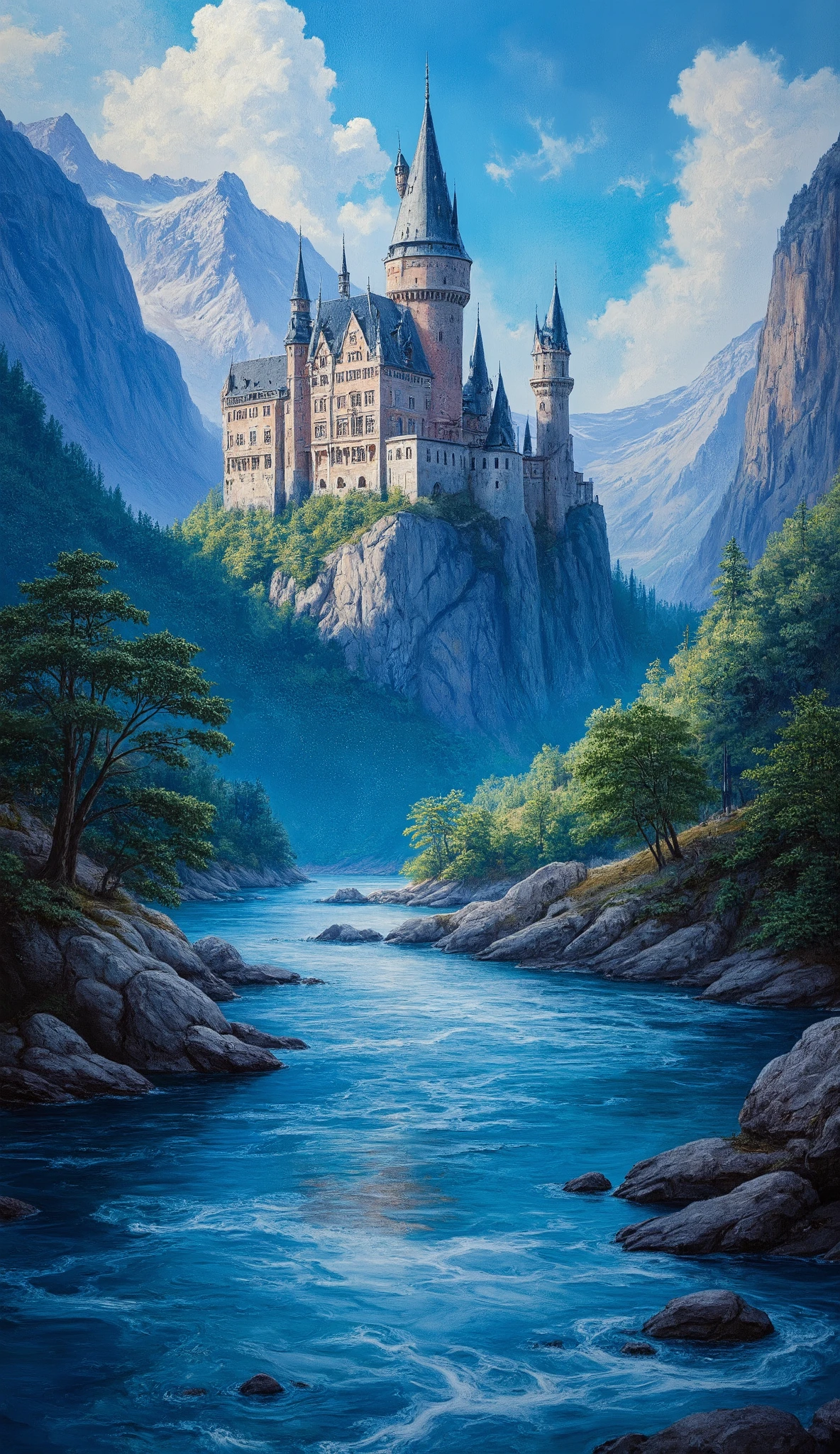 Painting of a castle on a mountain with a river in front of it - SeaArt AI