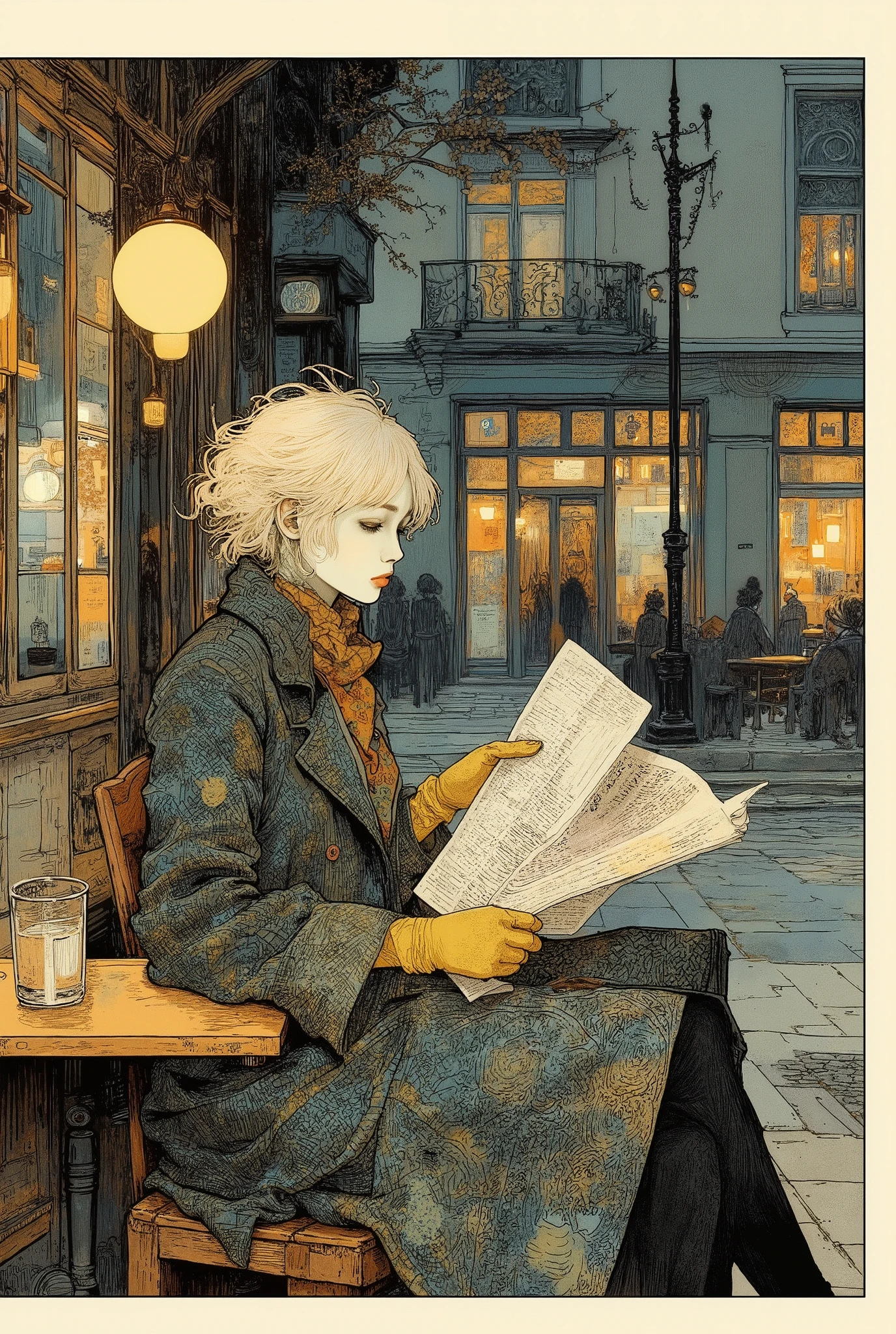 View from the sidewalk from the street through the window.Outside the window, a woman with short tousled blond hair is seen sitting half-turned by the window and reading a newspaper. A thoughtful look into the distance, through the glass.A large grey speckled tweed coat with a high collar and wide cuffs. She wears a bright silk handkerchief around her neck. She's wearing bright yellow leather gloves. The scenery is a blurred and reflected urban landscape, which may be visible from the cafe window. The overall aesthetic is warm and autumnal, with a timeless elegance. The colors are muted with an emphasis on browns, grays, and yellows. Soft lighting and low depth of field. Digital art, Classic, Vintage, High detail.