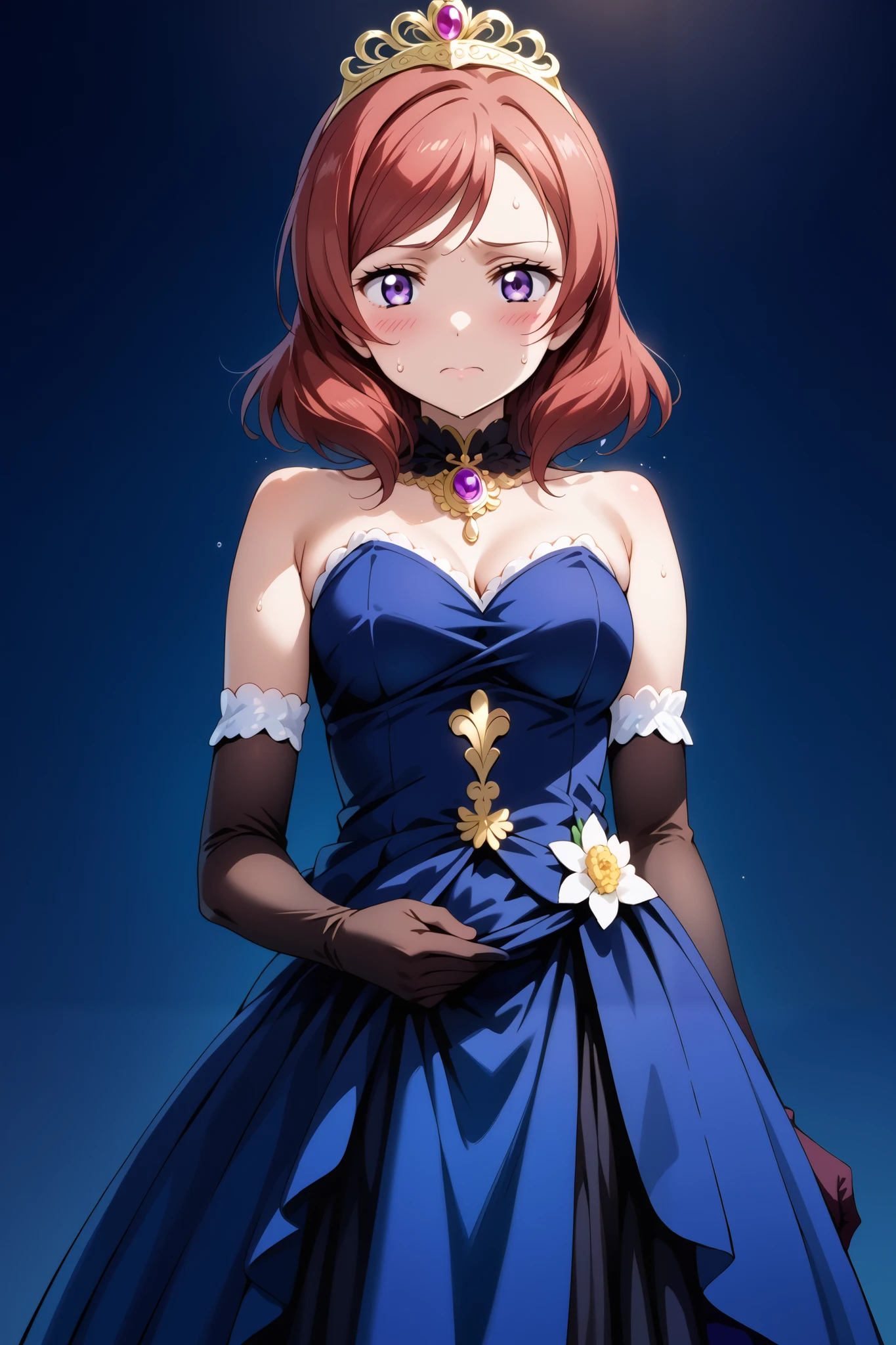 score_9, score_8_up, score_7_up, source_anime, 4K,perfect fingers,(perfect hands, perfect anatomy),prefect lighting, very aesthetic, intricate details,highly detailed background, masterpiece, high quality, best quality,
1girls,makinishikino, maki nishikino, short hair, purple eyes, red hair,((large breast)),
wearing ((elegant costume, dark blue dress, headpiece, long gloves, )),,
((white plain background)), oily skin, (blush, embarrassed, orgasm : 1.2), sweating,