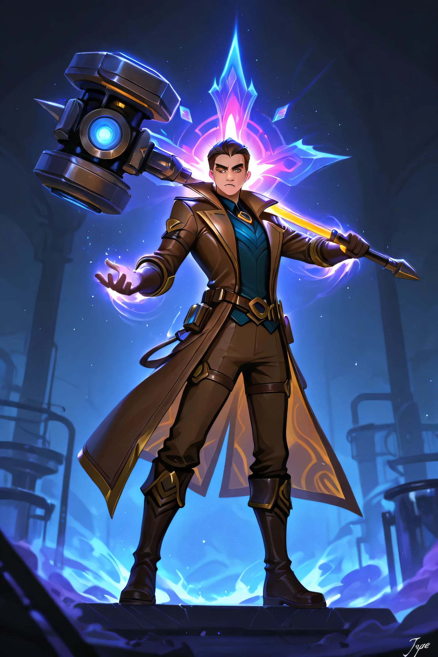 Create the cartoon character Jayce from League of Legend in his laboratory with his power hammer