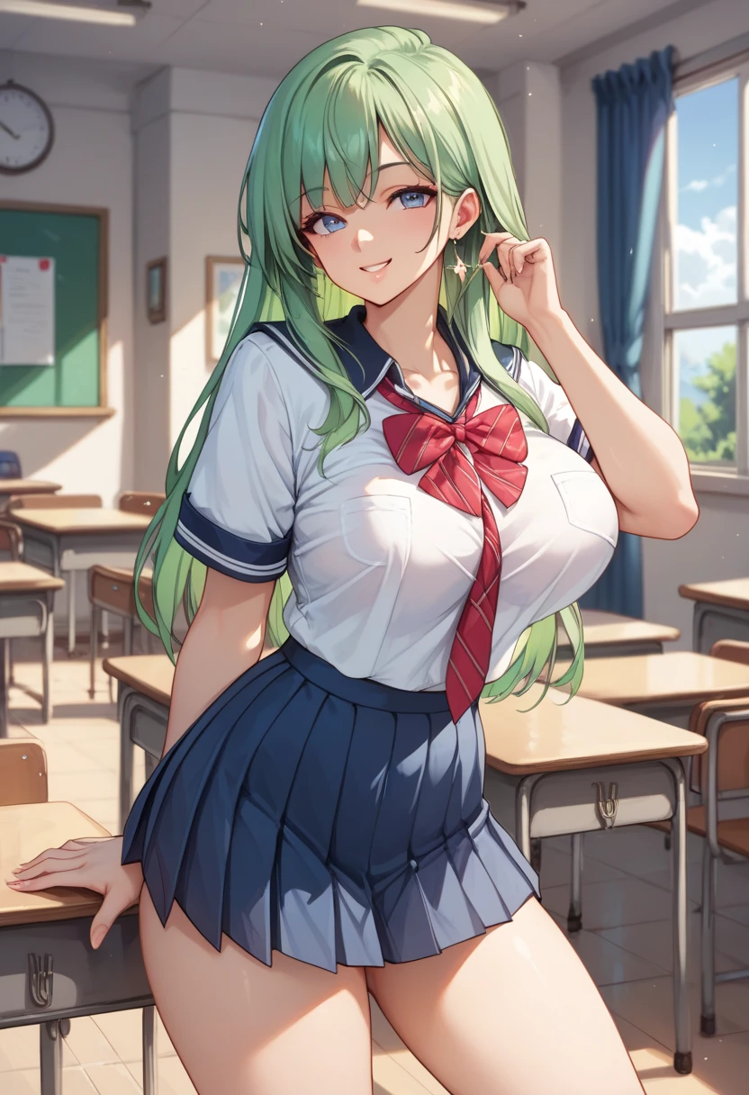 1girl, uruha rushia, virtual youtuber, solo, butterfly hair ornament, long hair, skirt, green hair, red eyes, shirt, sitting, hair ornament, white shirt, smile, earrings, jewelry, braid, looking at viewer, plaid, bangs, bow, very long hair, short sleeves, butterfly, ribbon, bug, bowtie, blush, collared shirt, plaid skirt, on desk, , closed mouth, plaid bowtie, plaid bow, hair ribbon, blue skirt, sitting on desk, desk, multicolored hair, pleated skirt, black ribbon, heart earrings, school desk, blue bow, feet out of frame, lu-style,spreading legs, naked, vagina, topless, bottomless ,  big breasts, vaginal, hetero, penis, 1boy, cowgirl position, sex