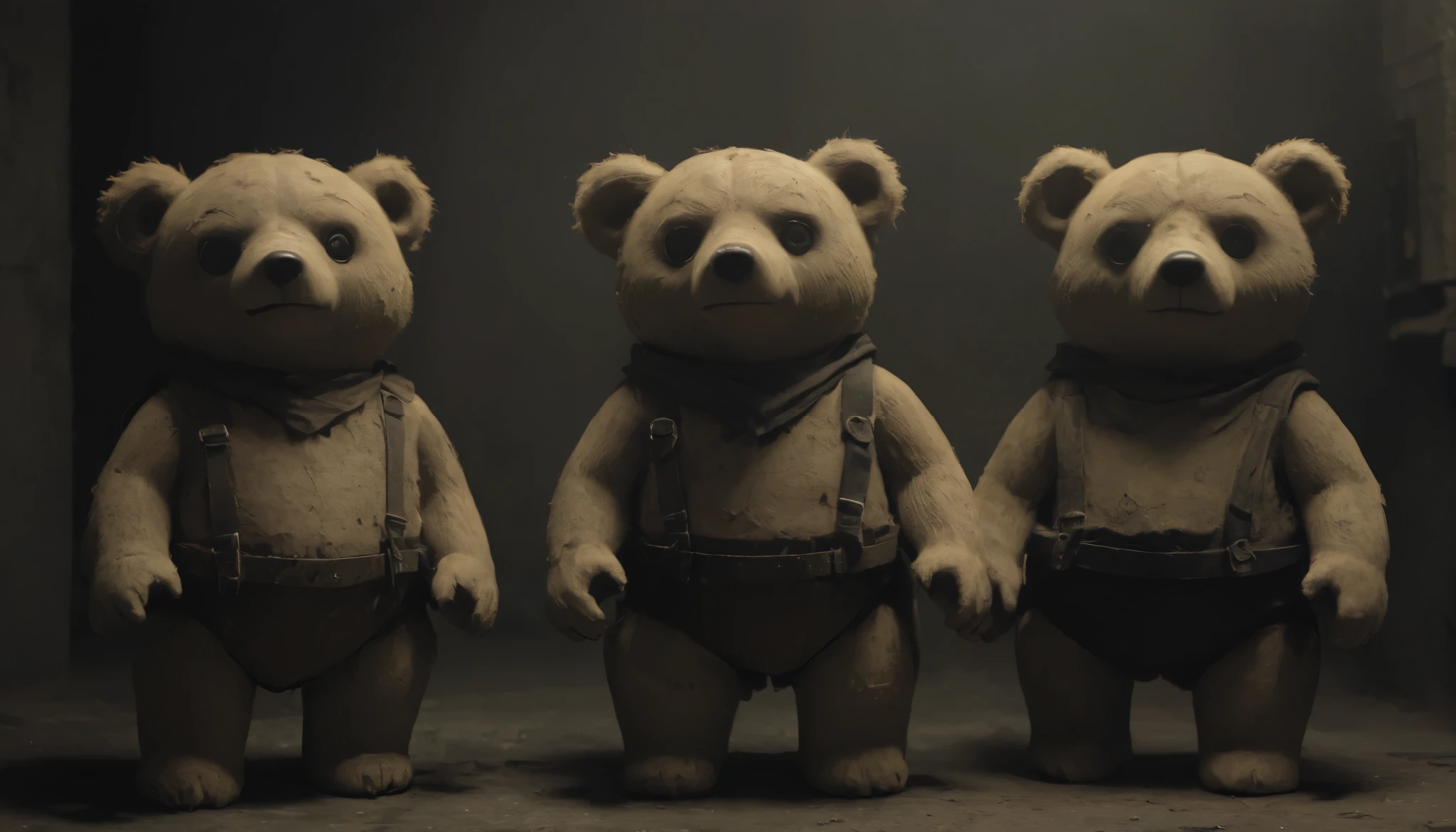 ((( Best Quality ))), (( Ultra Detailed )), ( Illustration ), video game style, horror game, anime style, 4 brown cloth toy bears, black button eyes, beige snout, with black  waist belts with metal parts and a thick chain that connects to the other belts of the other bears (without bibs, without collars, without shoulder pads,), looking from floor level up seeing obstacles like floating barrels parkurt style, and a gray brick wall ,,,)