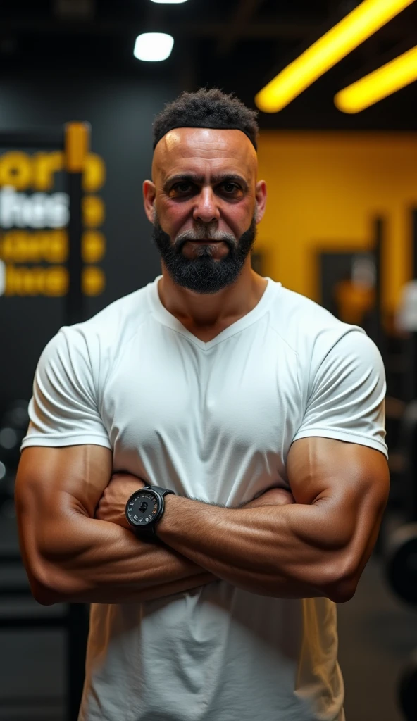 1boy, European, solo, facial hair,34 yrs old, dom, male focus, bald head, bara, muscular, mature male, muscular male, beard, short hair, thick eyebrows, fair-skinned male, thighs, fancy suit, dark skin, tie, tight white shirt, open jacket, grey business suit, cop agent uniform, feet out of frame, thick thighs, looking at viewer, masterpiece, 4k, high quality, highres, absurdres,