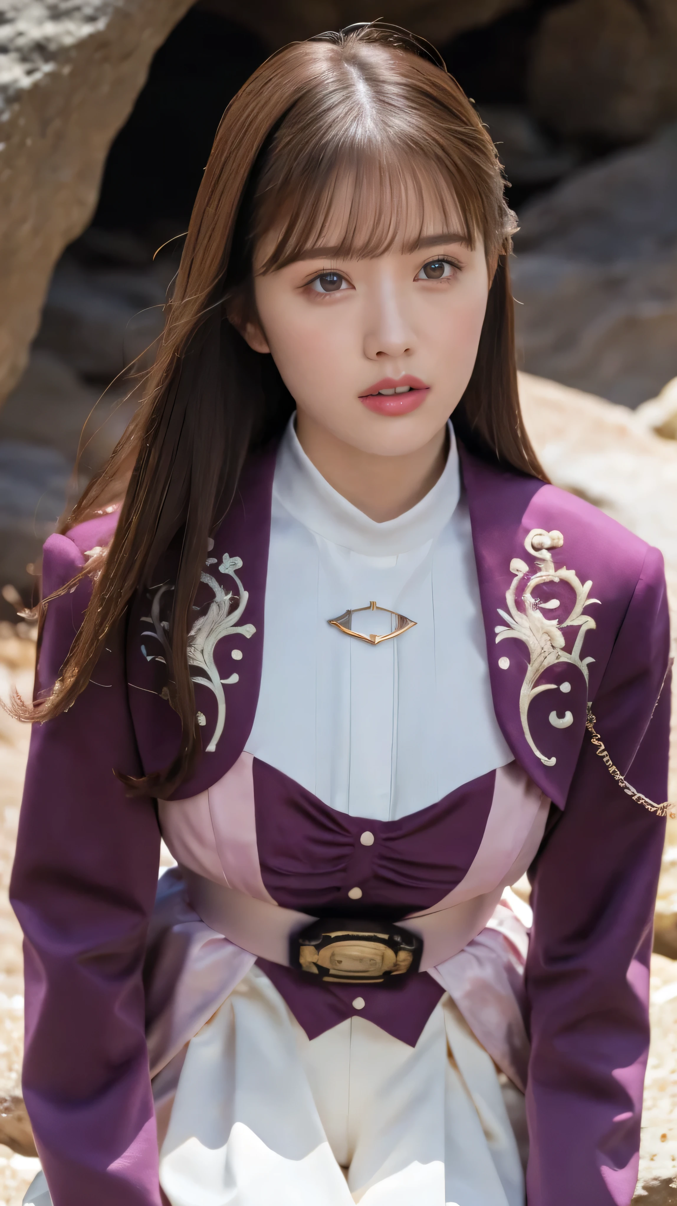 ( High-definition CG),( Highest quality ),((Viewpoint from directly above)),(( Composition showing the top from the waist)),(( in a dark cave)),(( 1girl )), perfect face, shiny skin , wide hips , thin waist, purple bolero jacket,((white skirt)), Long Sleeve , pink belt,((brown hair color )), straight long hair,((Composition showing the part above the knee where the eyebrows are bent in the shape of a C )),(( crying face)),(( lying on your back on the ground)),