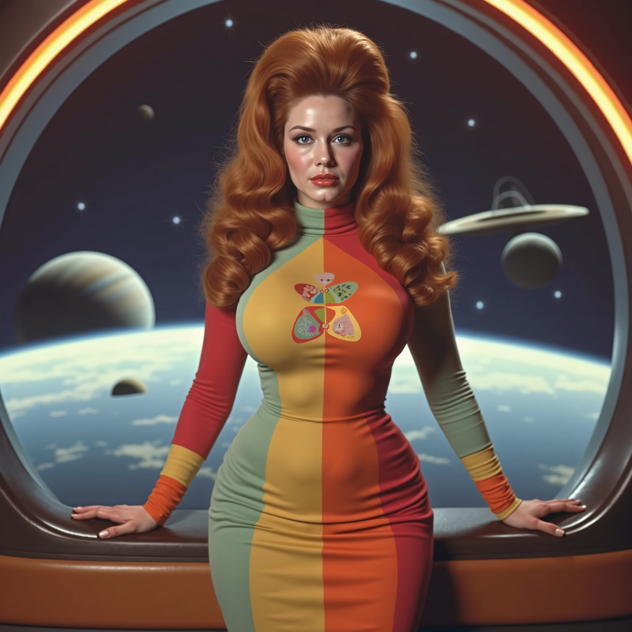 A vintage space age artistic image, low angle dutch angle, buxom unique female character, sci-fi 1968, long wavy auburn hair that is high at the top of her head and cascading over her shoulders, curvy, wearing a form fitted 1960s colorful mod space dress with a turtleneck collar. The background is shiny space dock with planets galaxies and stars outside the windows, focusing attention on her attire and hairstyle jet set mod 1960s