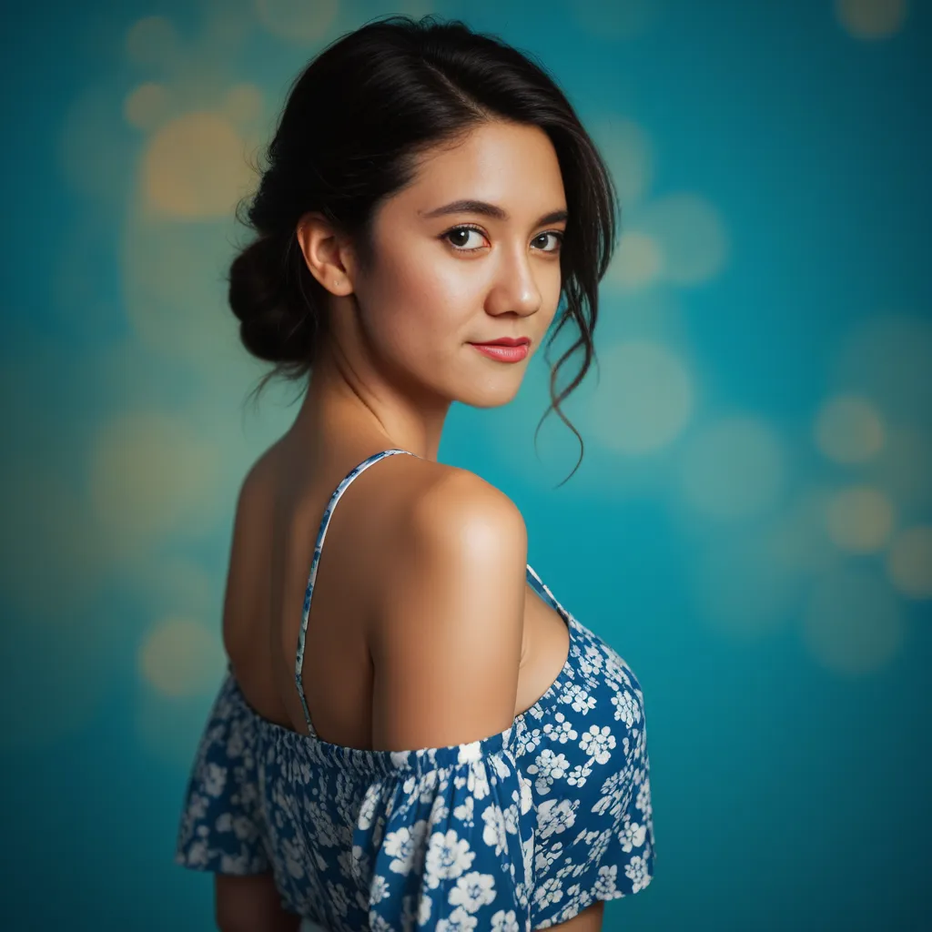 Imagem estilo Pixar com personagem 3D oriental morena mulher cabelo liso longo, usando um coque, Taking photos in a studio, Maquiagem Disney, Pescador, fofo, sorridente, Close-up, Pixar, Disney, Cinema lighting,