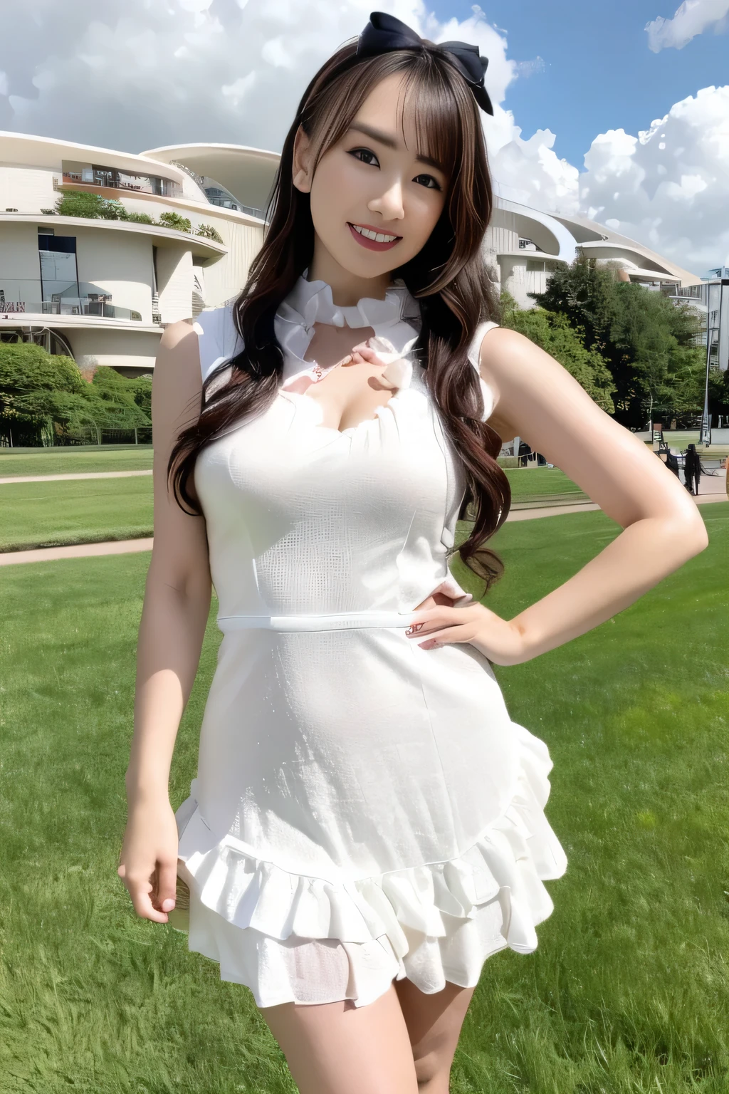 最high quality, 8k, vibrant, sharp concentration, high quality, Hi-Res, woman, 美しいwoman, ( full body shot), (High Heels on Detailed Faces, very detailed eyes, BEAUTIFUL STYLE 、 Beautiful Hair , Chest, ( ruffle dress with bow)、( white dress)、(sleeveless dress)、A local park in the background
