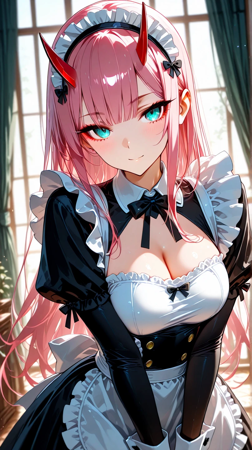 Pink haired woman, cat ear, dressed like maid, smiling, full of blood on her body, scary, boold on the walls and on the floor, gore