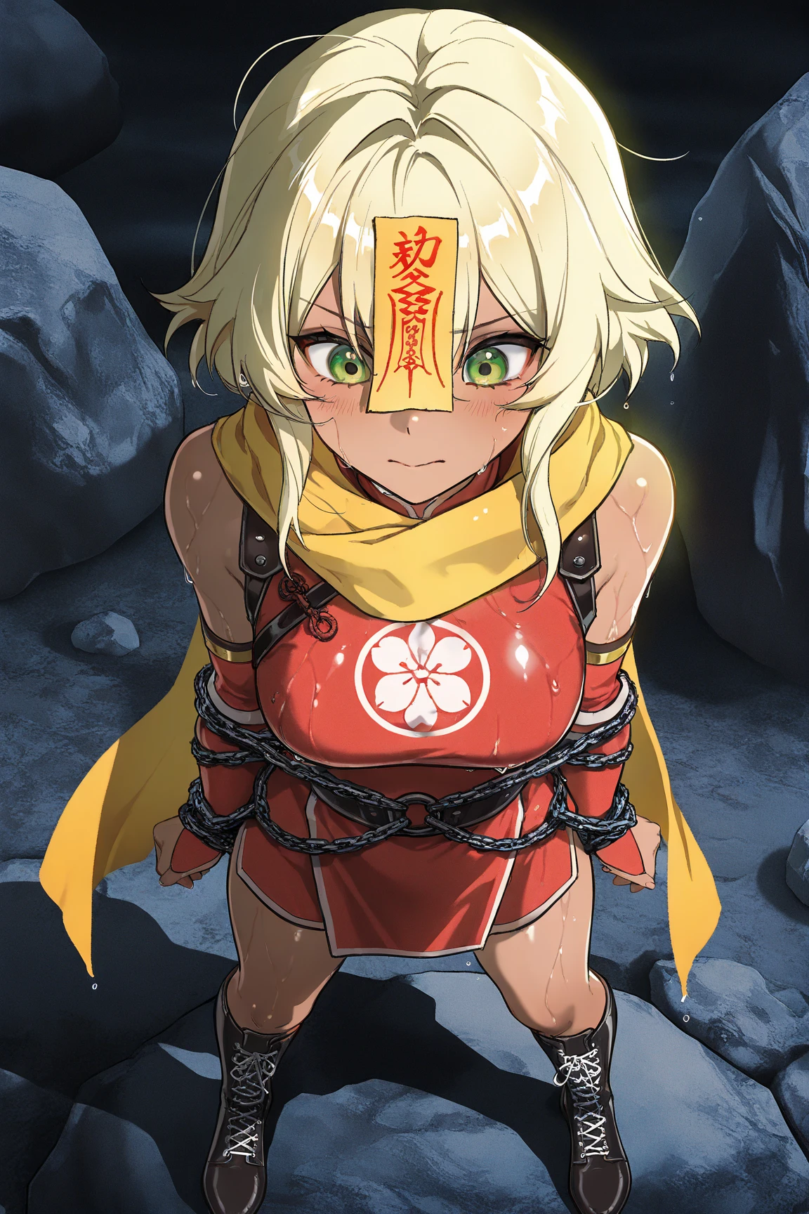 Ngu Hanh Son, Marble Mountains, masterpiece, amazing quality, shadow, highly detailed, masterpiece, top quality, film grain, highly detailed, cinematic screenshot, focus on chest, expressive, concept art, dark theme, one girl, beautiful monkey woman, blonde hair, bright green eyes, tanned skin, wearing ancient Chinese soldier costume, (red costume, leather armor, laced boots, yellow scarf), woman with hands and legs bound against a huge rock mountain, bound with thick chains, wet body and hair, standing with arms outstretched and legs apart, healthy physique, a talisman written in red ink is attached to her head, focus on face from above, rebellious, the beginning of an epic story,