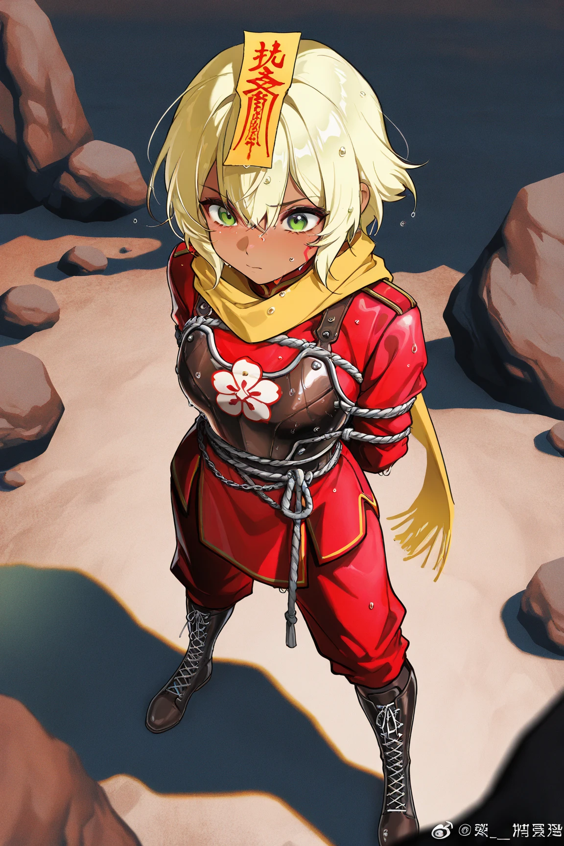 Ngu Hanh Son, Marble Mountains, masterpiece, amazing quality, shadow, highly detailed, masterpiece, top quality, film grain, highly detailed, cinematic screenshot, focus on chest, expressive, concept art, dark theme, one girl, beautiful monkey woman, blonde hair, bright green eyes, tanned skin, wearing ancient Chinese soldier costume, (red costume, leather armor, laced boots, yellow scarf), woman with hands and legs bound against a huge rock mountain, bound with thick chains, wet body and hair, standing with arms outstretched and legs apart, healthy physique, a talisman written in red ink is attached to her head, focus on face from above, rebellious, the beginning of an epic story,