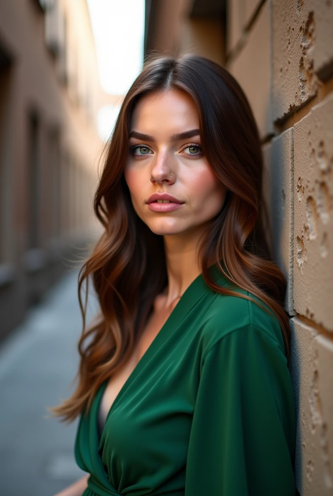 a close up of a woman in a green dress standing in a narrow alleyway, a picture by Emma Andijewska, pexels, digital art, gorgeous attractive face, girl with brown hair, attractive woman, attractive beautiful face, attractive girl, center parted brown hair, attractive brown hair woman, attractive female, brunette woman
