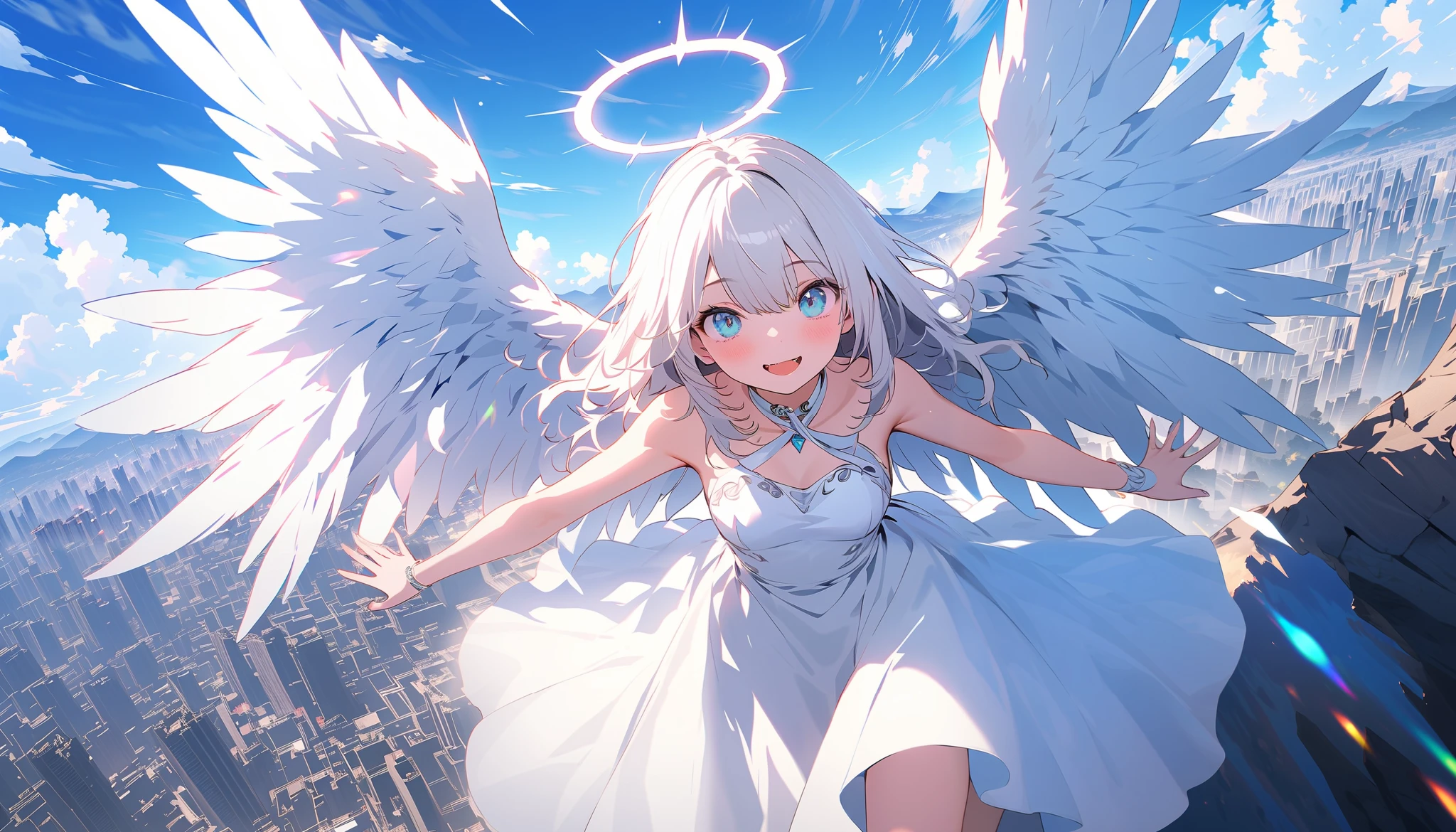 Anime girl with angel wings flying over a city - SeaArt AI