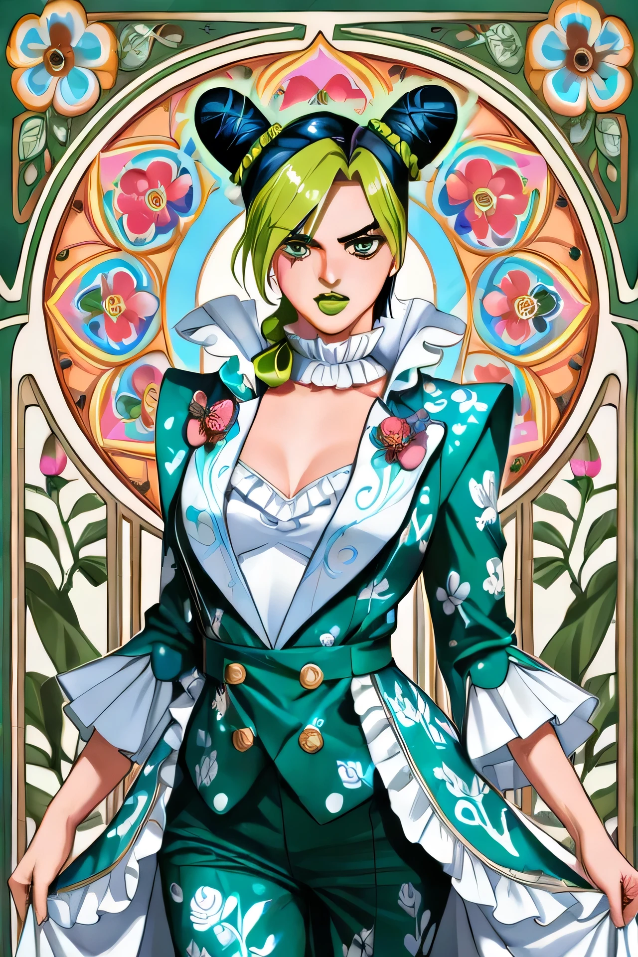 MASTERPIECE,
((jojo's bizarre adventure)),,
((Jolyne kujo:1.2)),
((The body is covered with ripples)),
Super beautiful like a model,
Jojo standing,
((Jojo standing pose)),
((dynamic pose)),
ripple attack,
thin silk clothes,
((((a woman in a green and white floral suit walking down a runway)))), gucci catwalk, Versace, focus on art nouveau suit, intricate abstract. gucci style, gucci, ((wearing louis vuitton armor, floral couture, vibrant patterns, by Nina Hamnett, modern maximalist suit, modern maximalist fashion dress, vibrant foliage)), full body!! ((maximalist details and a flowered top, floral couture, frilled blooming collar, colorful rich fantasy , maximalist fashion dress, colorful fashion, wearable art, frill, intricate fashion clothing, floral clothes, insanely beautiful, inspired by Roberto Parada, tropical style)),
pointy shoes with black heels,
Double-breasted coat with visible buttons
Short-sleeved innerwear with round neckline, slightly visible on the chest,
.((cowboy shot))
My waist is tight,
MASTE,((see an aura like an oriental qigong technique)), ((see a force aura like a Jedi knight all over her body))