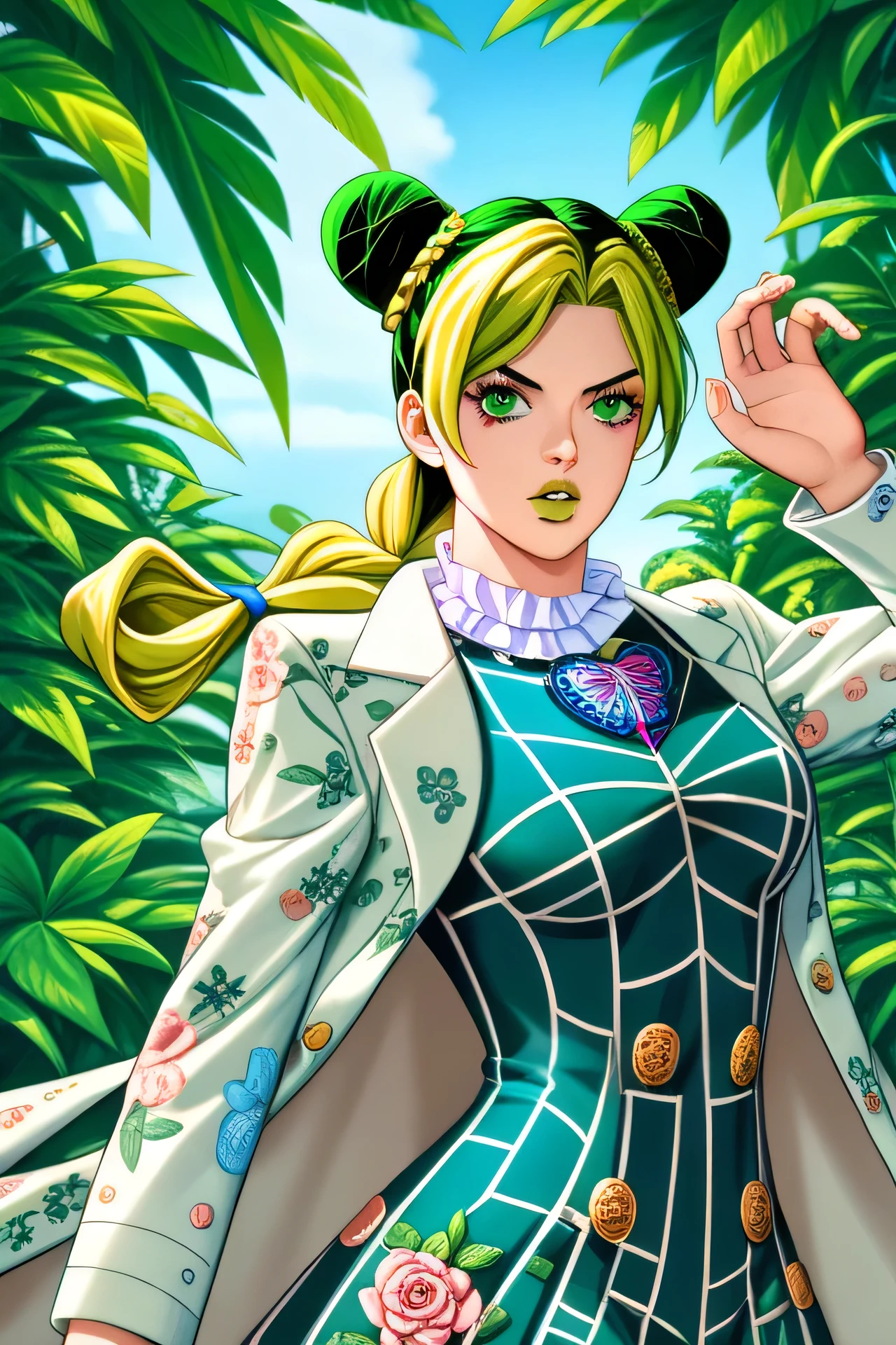MASTERPIECE,
((jojo's bizarre adventure)),,
((Jolyne kujo:1.2)),
((The body is covered with ripples)),
Super beautiful like a model,
Jojo standing,
((Jojo standing pose)),
((dynamic pose)),
ripple attack,
thin silk clothes,
((((a woman in a green and white floral suit walking down a runway)))), gucci catwalk, Versace, focus on art nouveau suit, intricate abstract. gucci style, gucci, ((wearing louis vuitton armor, floral couture, vibrant patterns, by Nina Hamnett, modern maximalist suit, modern maximalist fashion dress, vibrant foliage)), upper_body !! ((maximalist details  and a flowered top, floral couture, frilled blooming collar, colorful rich fantasy , maximalist fashion dress, colorful fashion, wearable art, frill, intricate fashion clothing, floral clothes, insanely beautiful, inspired by Roberto Parada, tropical style)),
pointy shoes with black heels,
Double-breasted coat with visible buttons
Short-sleeved innerwear with round neckline, slightly visible on the chest,
.((cowboy shot))
My waist is tight,
MASTE,((see an aura like an oriental qigong technique)), ((see a force aura like a Jedi knight all over her body))
