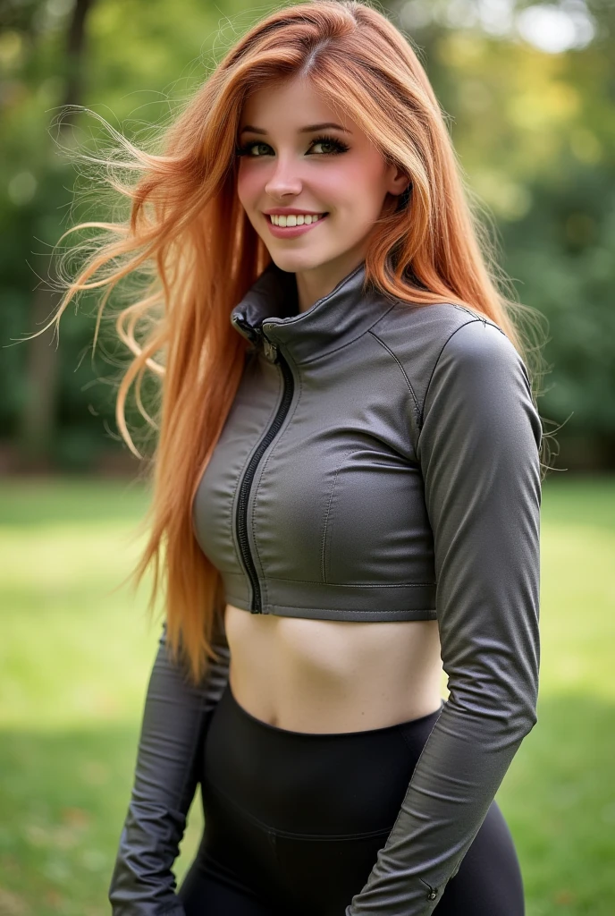 ultrarealistic high quality full body photo of a beautiful busty slim european 25-year-old woman with cute hyperdetailed shy face and natural redhead middle length hair and shy smile , realistic round hazel eyes, natural lips, dark eye makeup with eyeliner, wearing 1980s spandex sports outfit, hourglass body, outdoor photography, tanned