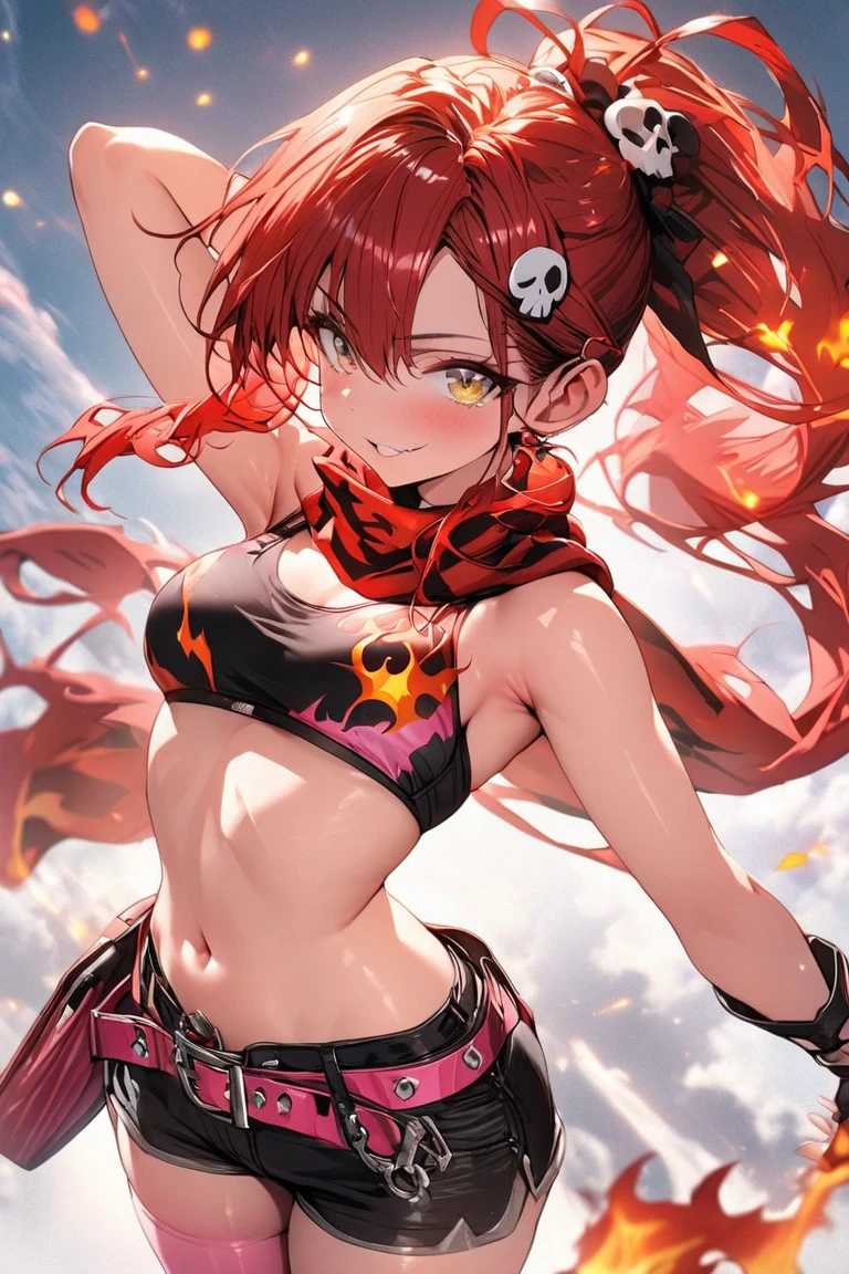 最high quality、best image quality、masterpiece、girl((20-year-old、 By becoming、vest bust、medium bust,wide open breast tea、shining eyes, glowing red hair、long hair、thin, highest valley、red sports bra、Red sports pants, Ruby Earrings、Wristband、black gloves、seductive pose)), high quality、beautiful art、background((inflammation、volcano、magma、eruption、meteorite))、Flight、debris flies、Depth of written boundary、movie、visual art、perfect art、8K,genuine、cleavage, face to detail, detailed eyes, eyes extremely detailed, (half-body:0.6), (blushing: 1.5)