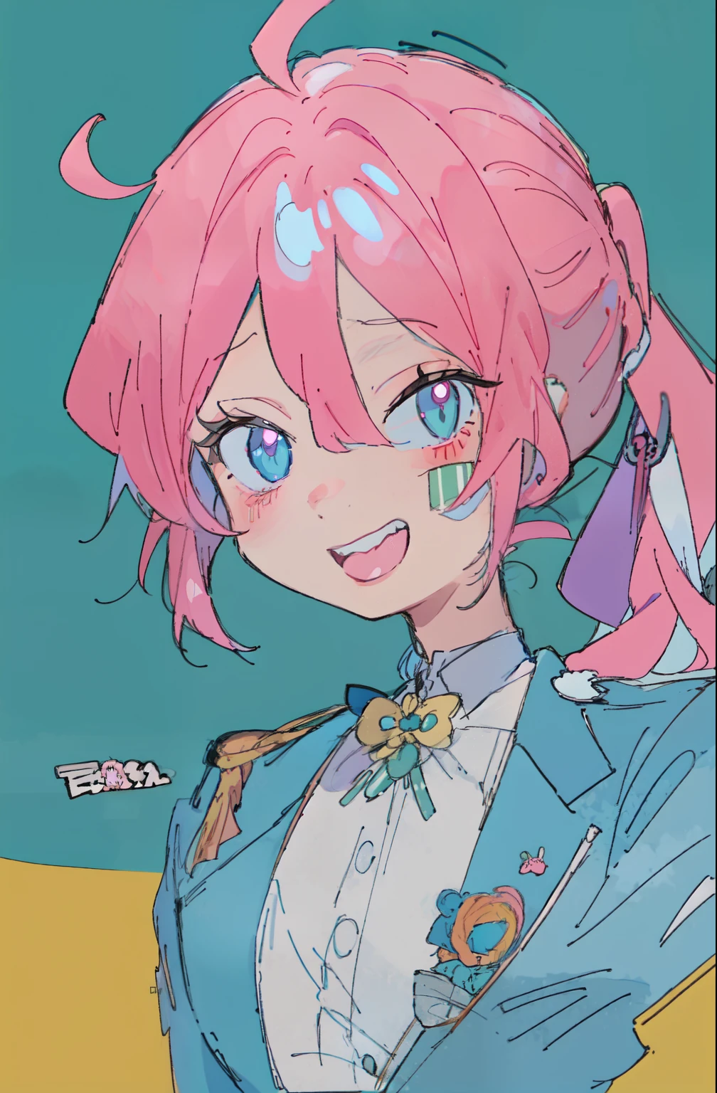 748cmstyle, masterpiece, best quality, amazing quality, anime screencap grinning, flushed, looking at viewer, ponytail, bun hair, ahoge, pink hair, green eyes, jitome, slim, bunny girl