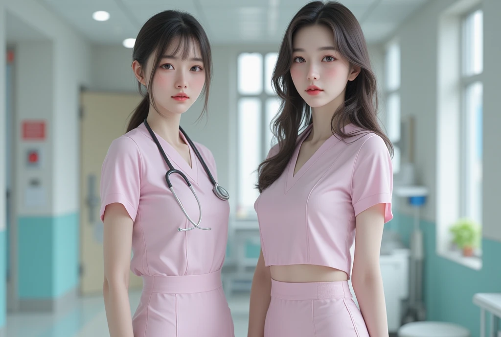 Two women wear scrubs together.,black hair,Smooth white skin,Big tits ,realistically,realistic,back view,The background is smooth.