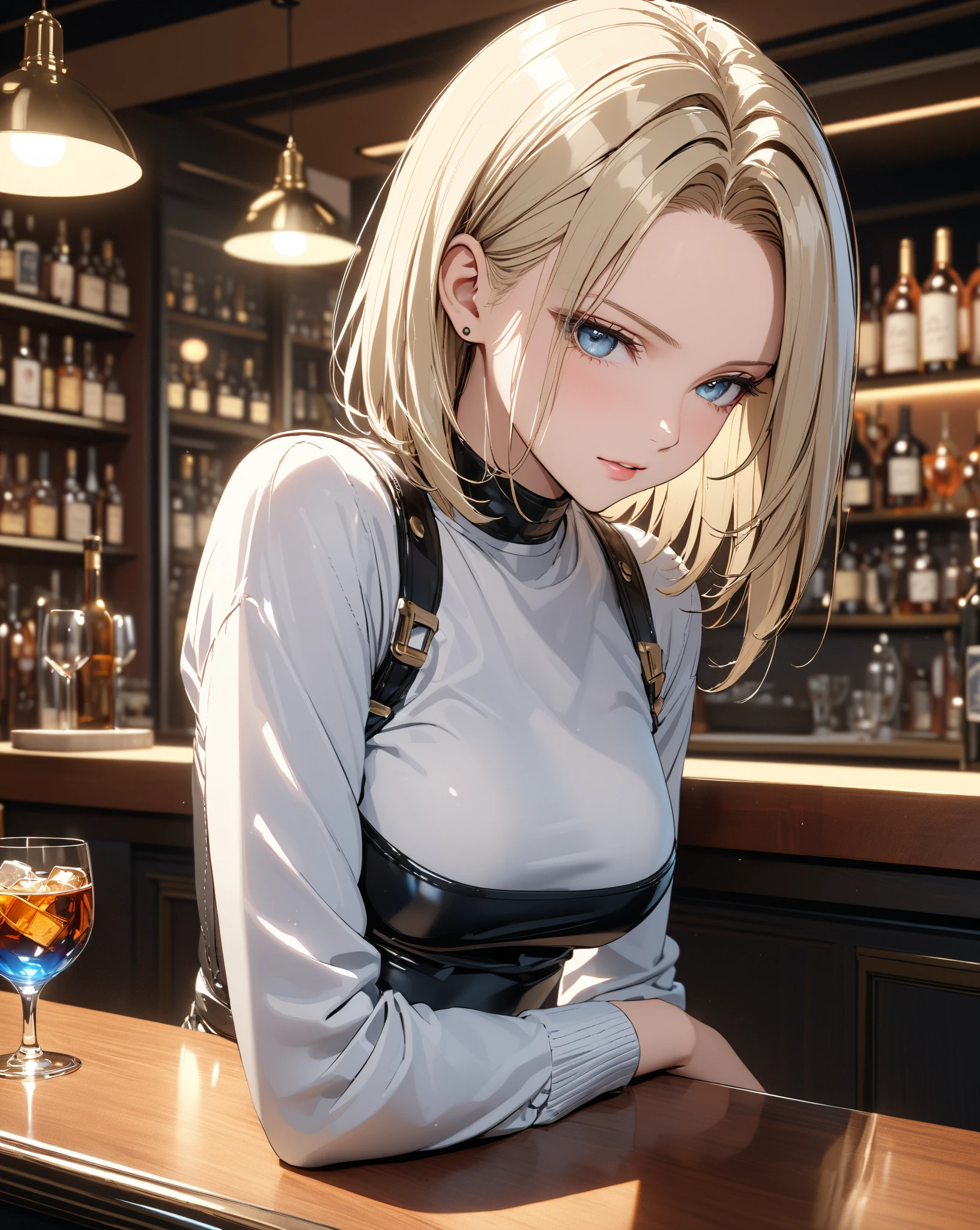 (best quality, masterpiece, perfect face, beautiful and aesthetic:1.2, colorful, dynamic angle, highest detailed face) 1girl, solo, (blushed, blank expression:1.1), 1girl, solo, ZenaMarienteil, long hair, bangs, brown gloves, cape, armor, breastplate, blonde hair, (soft light, dramatic light, sharp, HDR), (a woman in sitting at a bar with a glass of beer in front of her), (resting her chin on her palm), <lora:ZenaMarienteil:0.5>