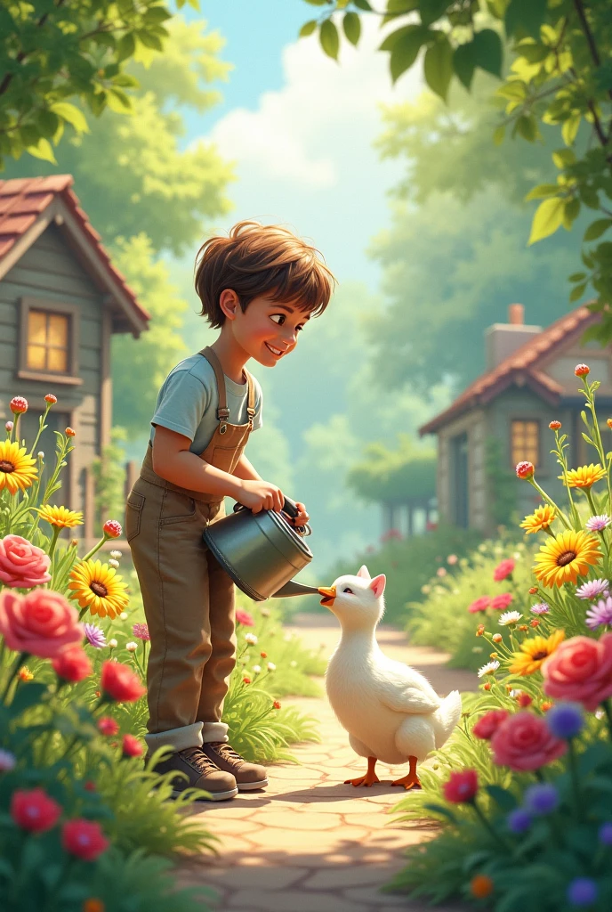 A handsome farmer boy planting along with his cute dog on a sunny day.
