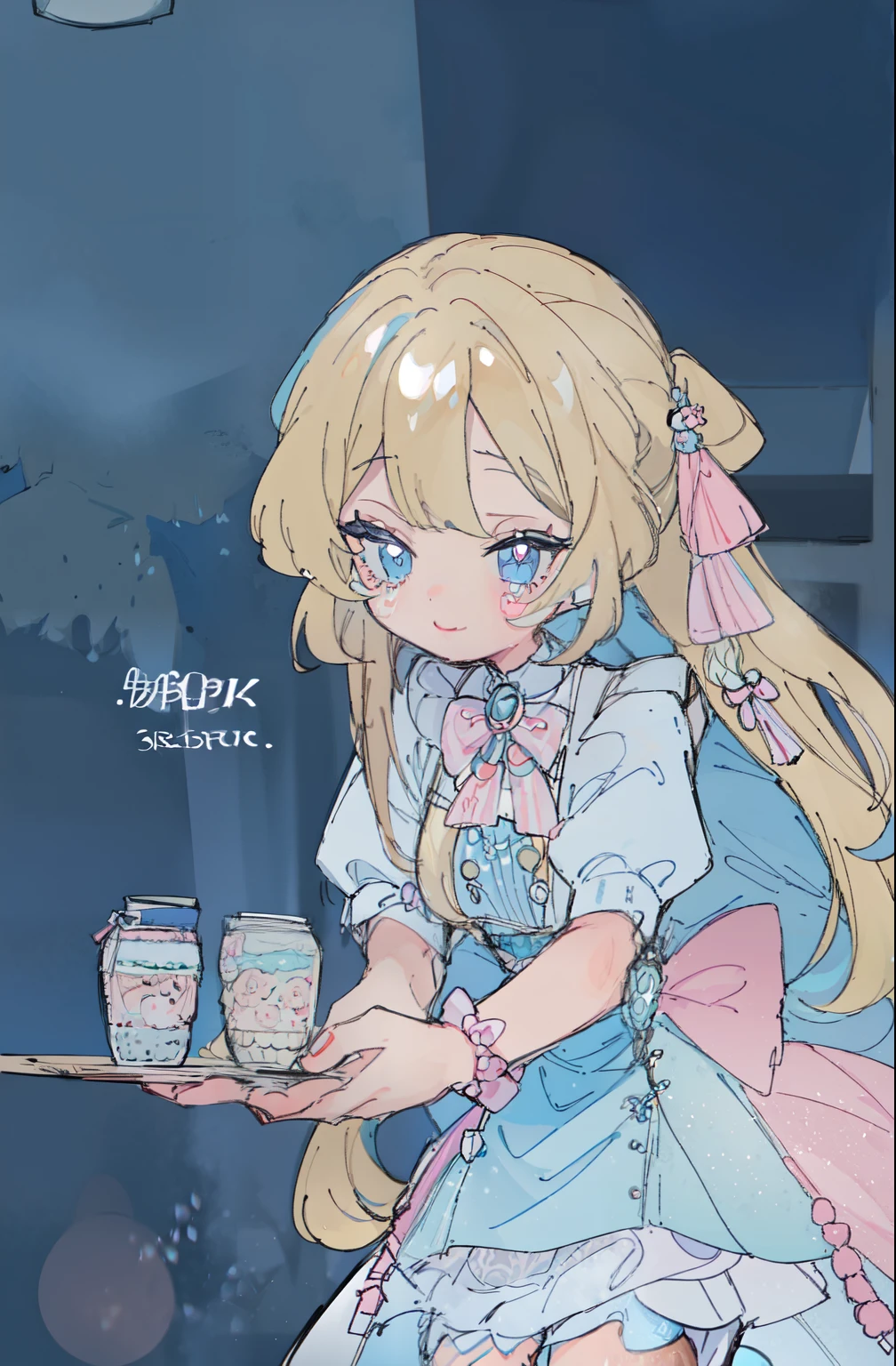 best quality, dramatic lighting,masterpiece, best quality, 8k, highres, ultra-detailed,HDR, UHD, best quality,
,1girl, long blonde hair, blue eyes, hair bow, cute maid outfit, frilly dress, apron, thigh-high socks, ribbons, holding drink, soda can, heart-shaped straw, holding tray, parfait, whipped cream, pastel colors, candy-themed accessories, bandage on thigh, cheerful expression, indoors, checkered wallpaper, soft lighting, kawaii aesthetic