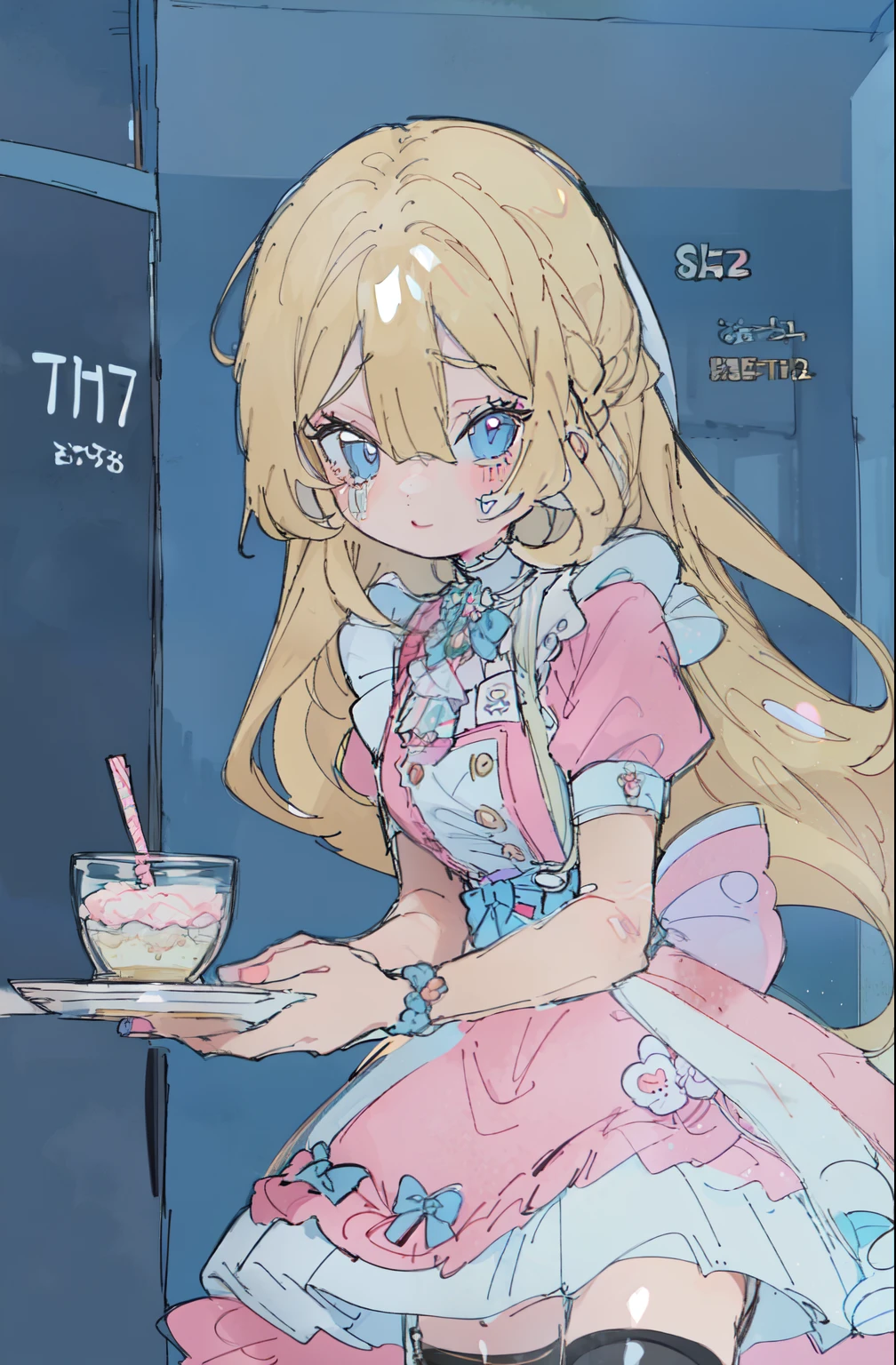 illustration, best quality, dramatic lighting,r17329_illu,usnr,masterpiece, best quality, 8k, highres, ultra-detailed,HDR, UHD, illustration, best quality, pop art,
,1girl, long blonde hair, blue eyes, hair bow, cute maid outfit, frilly dress, apron, thigh-high socks, ribbons, holding drink, soda can, heart-shaped straw, holding tray, parfait, whipped cream, pastel colors, candy-themed accessories, bandage on thigh, cheerful expression, indoors, checkered wallpaper, soft lighting, kawaii aesthetic