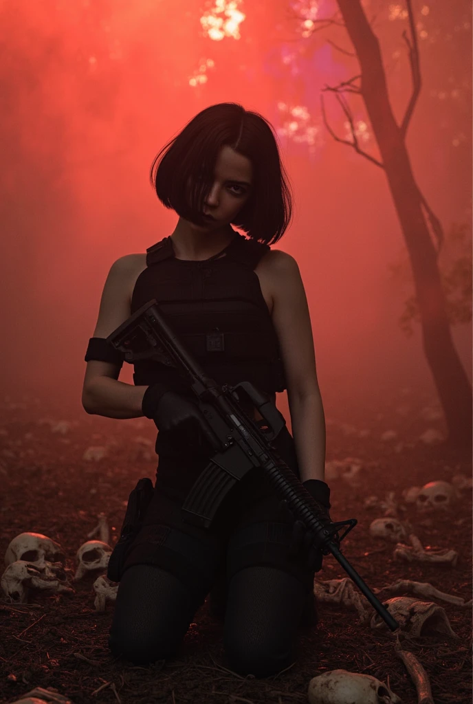 Red background with burnt down house all red with wilted red flowers around, light brunette girl with straight black hair and pretty men and one red eye and another black eye dressed in short black shorts and a short black blouse and blood on her thighs and a black-haired white boy holding a gun on the girl's head and in the other hand a withered red flower, dressed in black with one red eye and one black eye